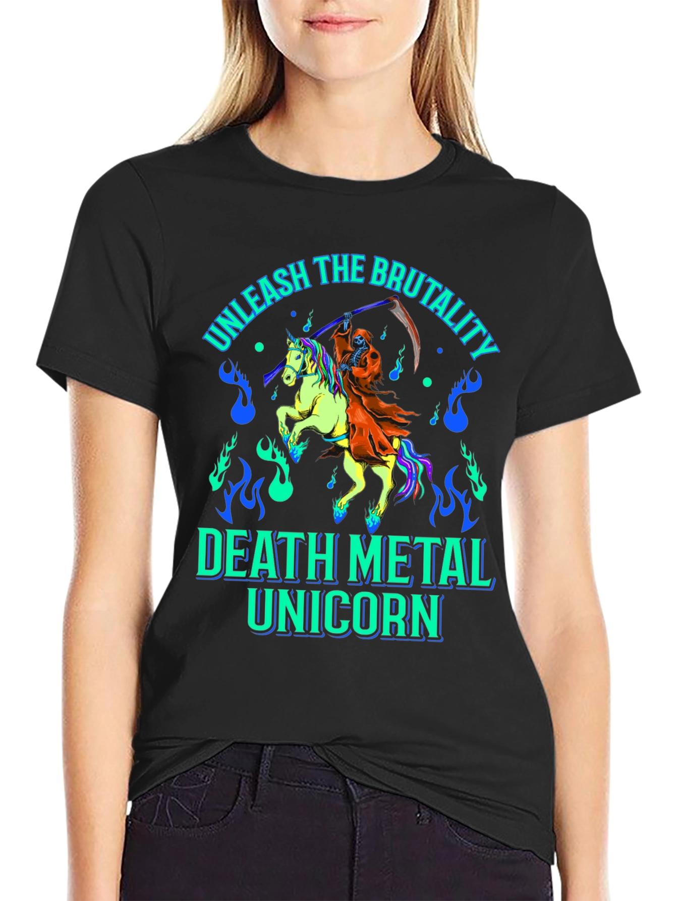 Black Unleash The Brutality Death Metal Unicorn Graphic Tee view 2
