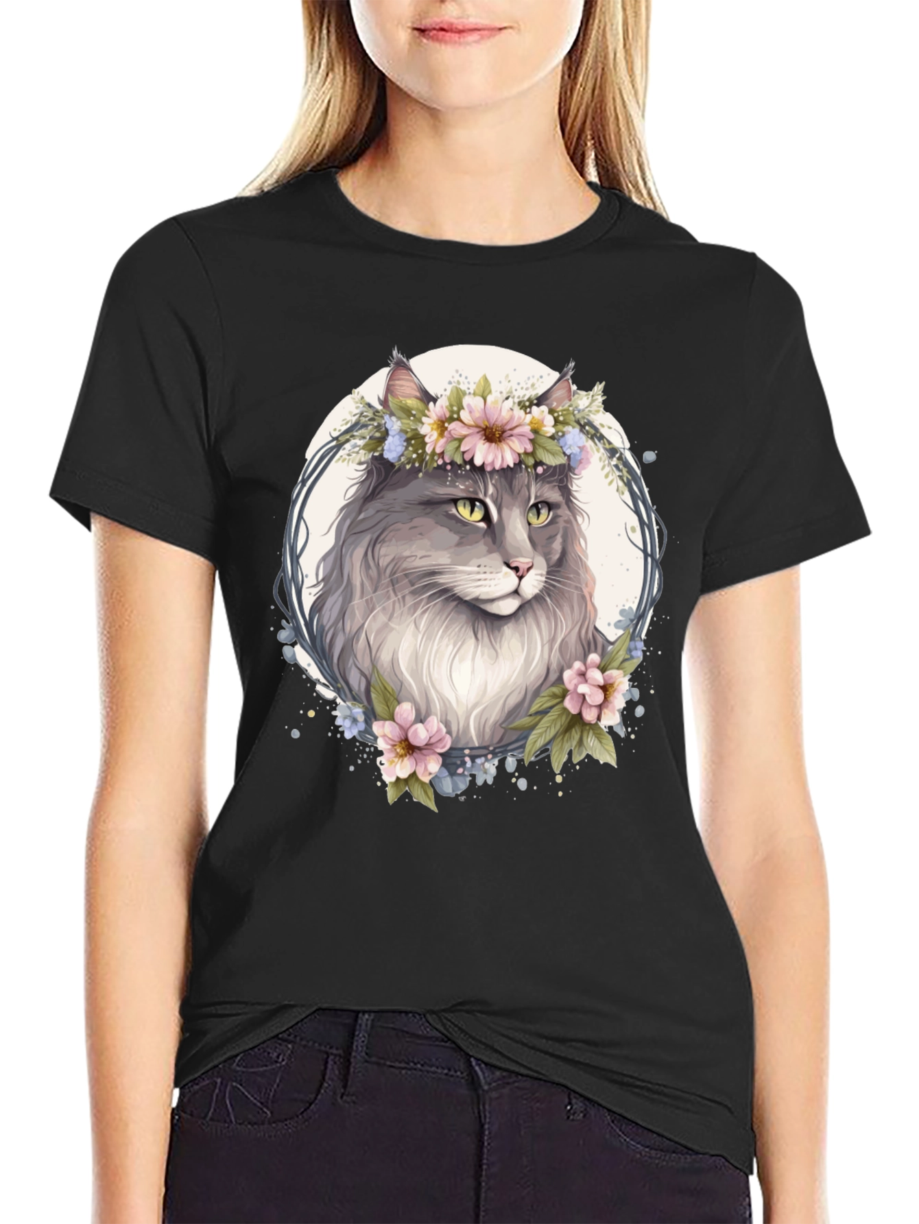 Floral Cat Graphic Black T-Shirt - 2
