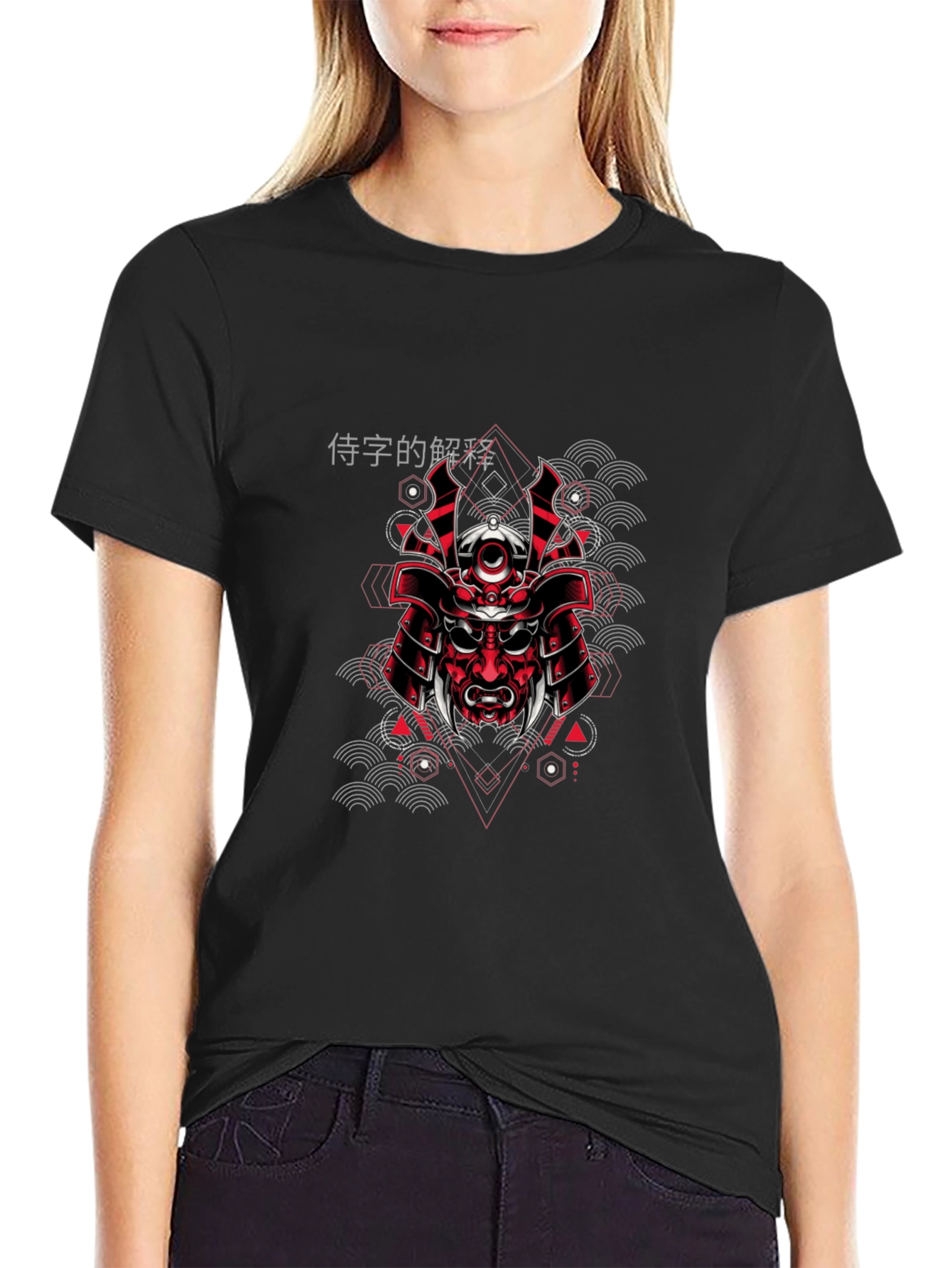 Black Samurai Mask Graphic Print Black T-Shirt view 2
