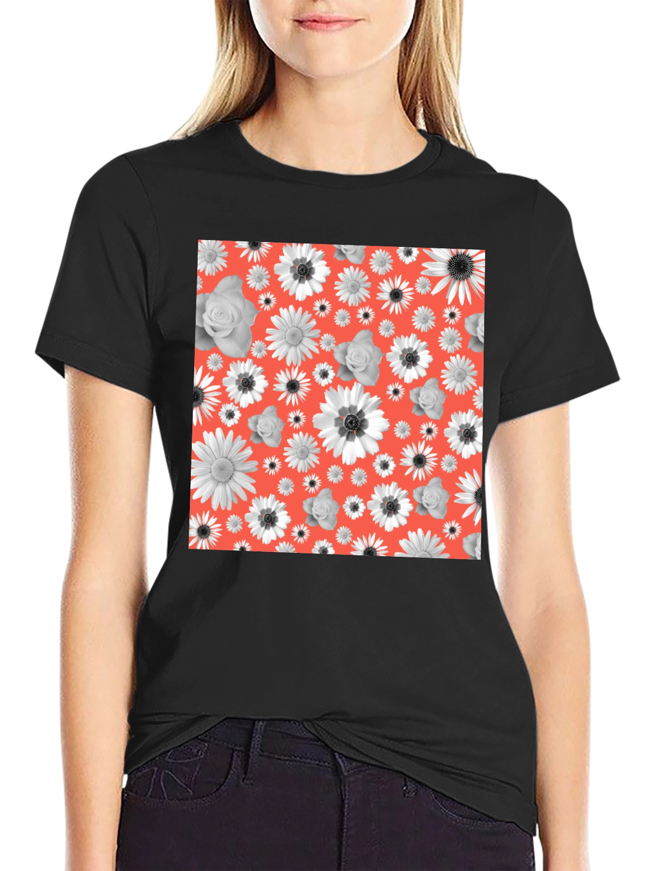 Black Floral Patterned T-Shirt view 2