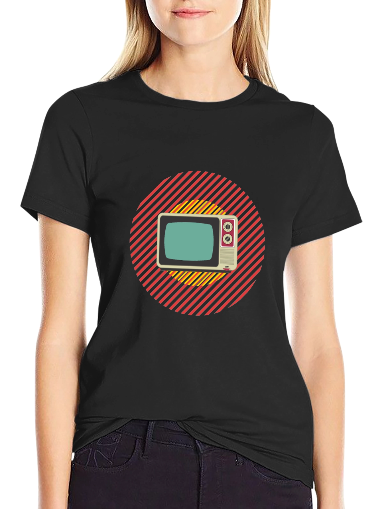 Black Retro TV Graphic T-Shirt - Black Cotton Blend view 2