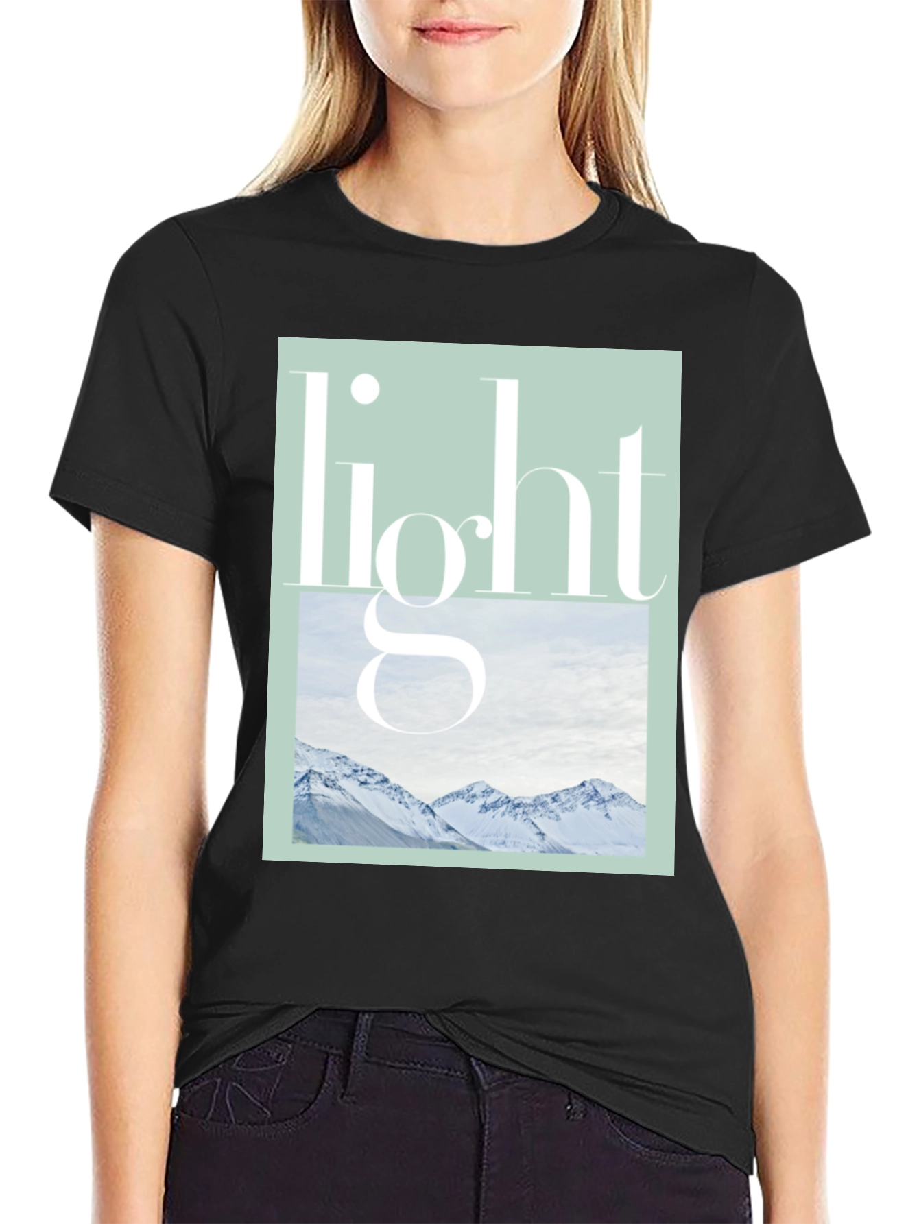 Black Modern "Light" Graphic Print Black T-Shirt view 2