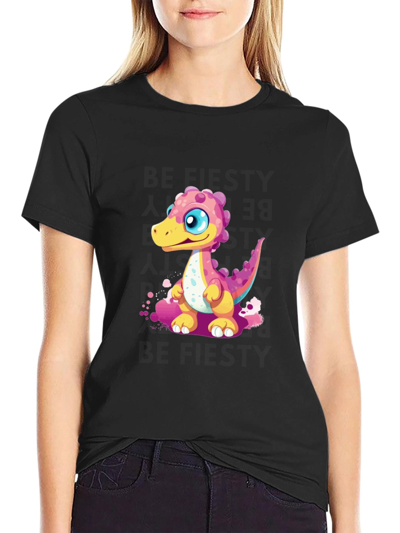 Black Cute Dino Graphic Tee - Black Unisex T-Shirt view 2