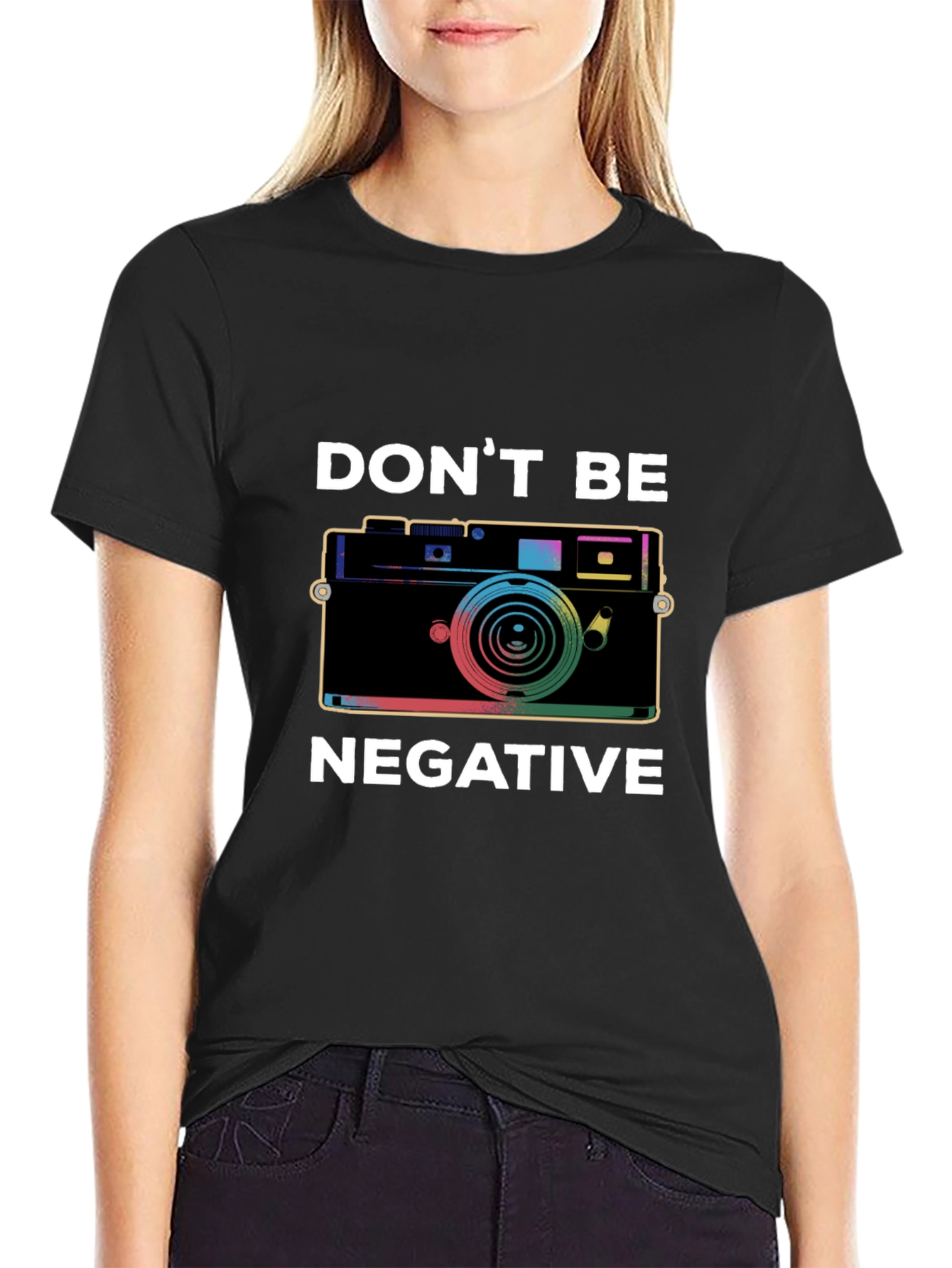 Black Don't Be Negative Camera Graphic T-Shirt view 2