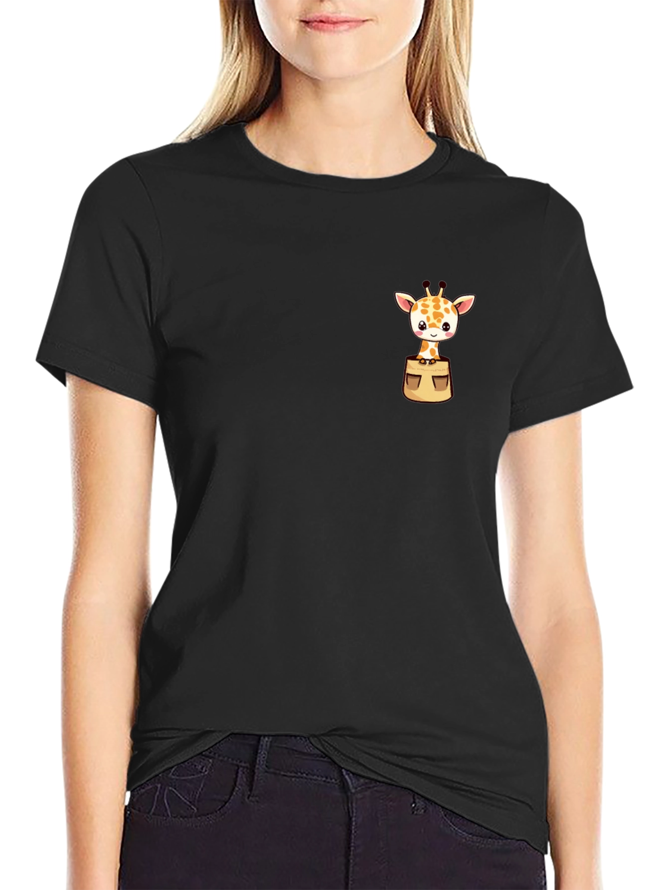 Black Giraffe Pocket T-Shirt - Cute Animal Tee view 2