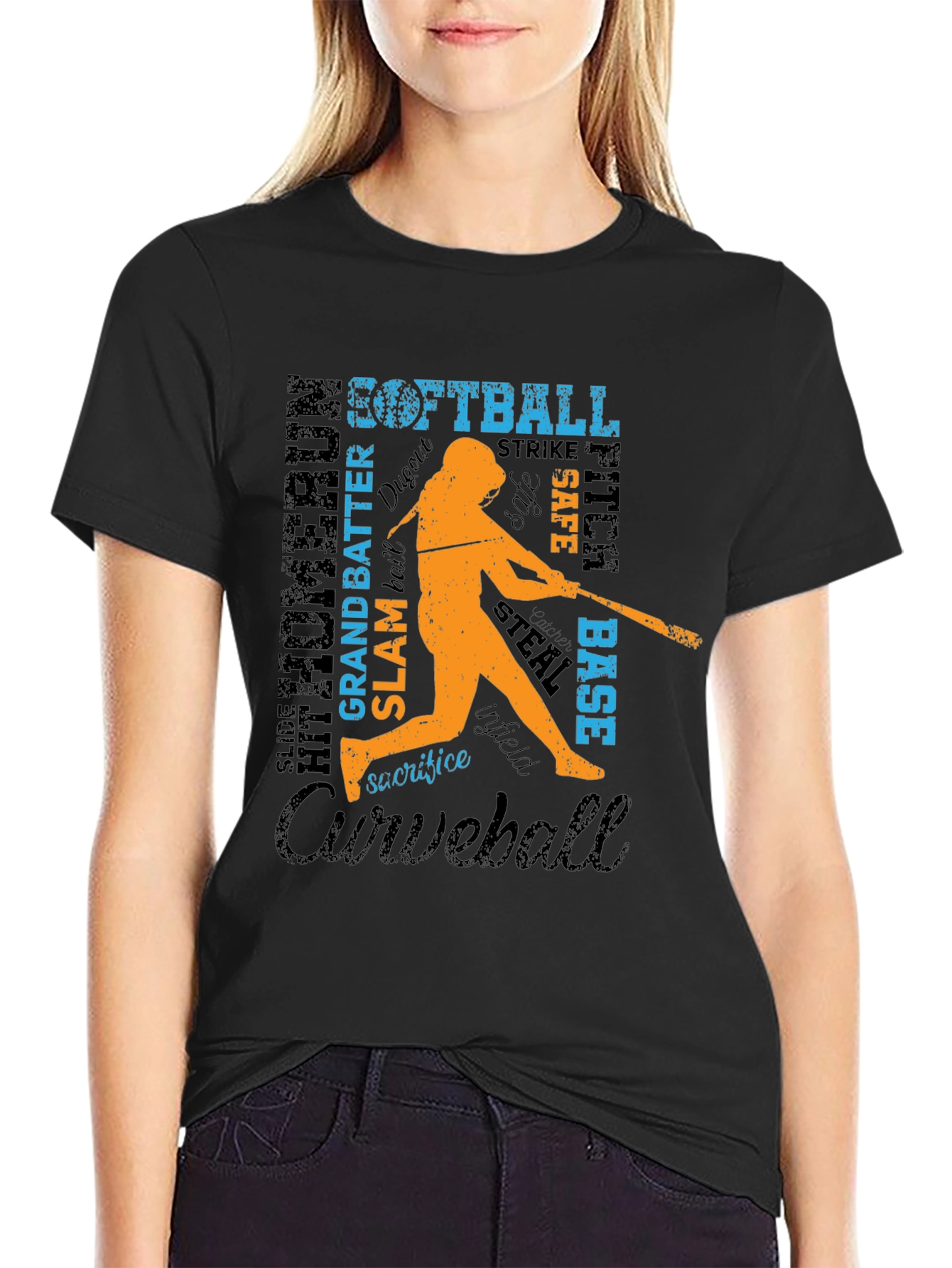 Black Softball Word Art Graphic T-Shirt view 2