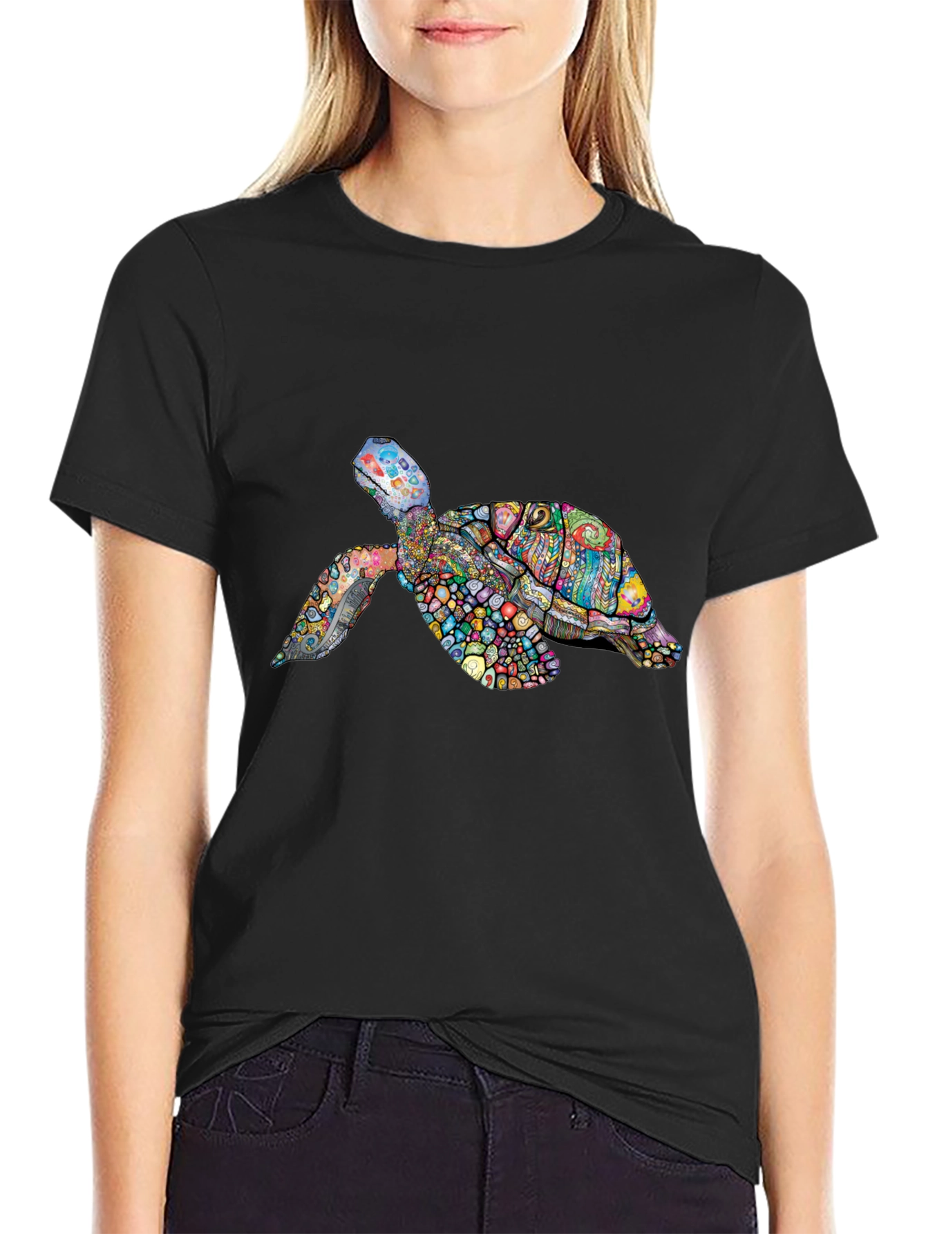 Black Vibrant Turtle Graphic Tee - Black Cotton T-Shirt view 2