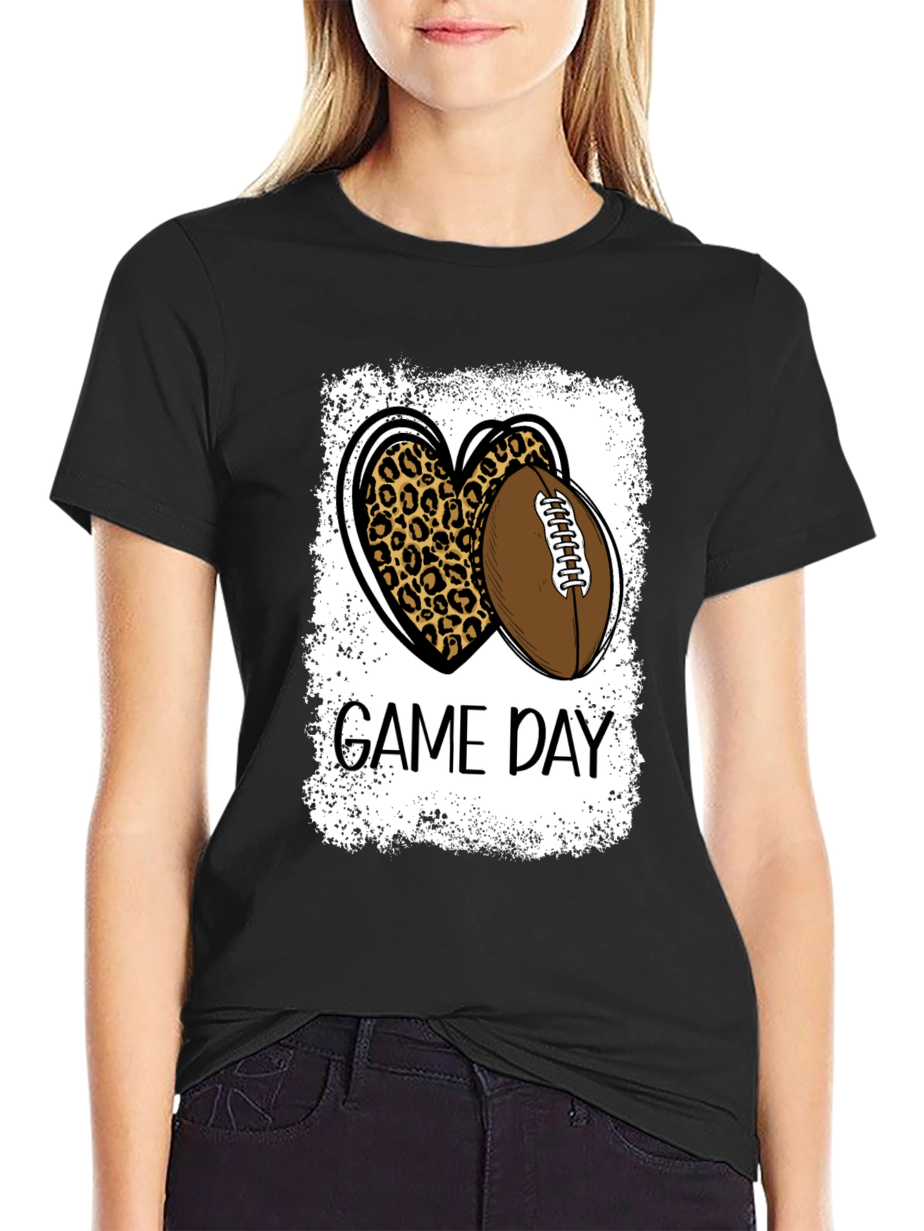 Black Game Day Leopard Heart Football T-Shirt view 2