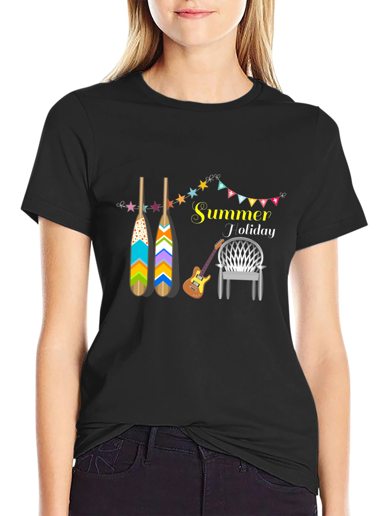 Black Summer Holiday Black T-Shirt with Graphic Design view 2