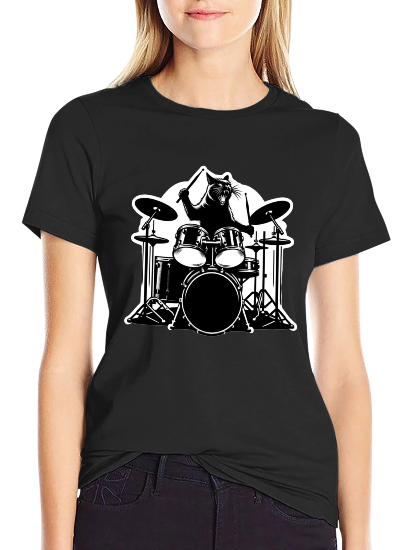 Black Cat Drummer Graphic T-Shirt view 2