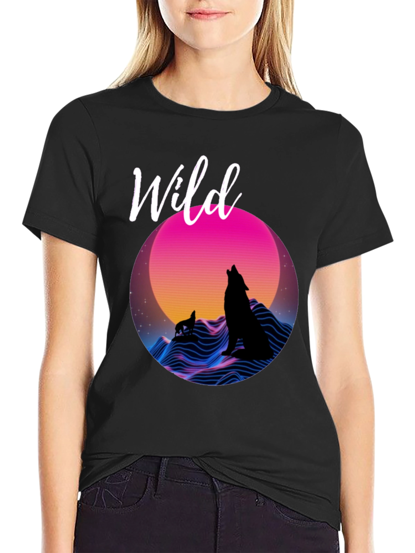 Black Wild Graphic T-Shirt - Retro Wolf Design view 2