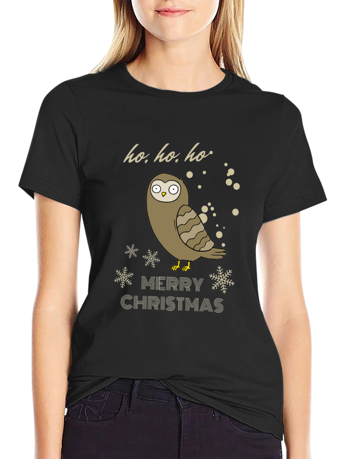 Black Owl Merry Christmas Graphic T-Shirt - Holiday Tee view 2