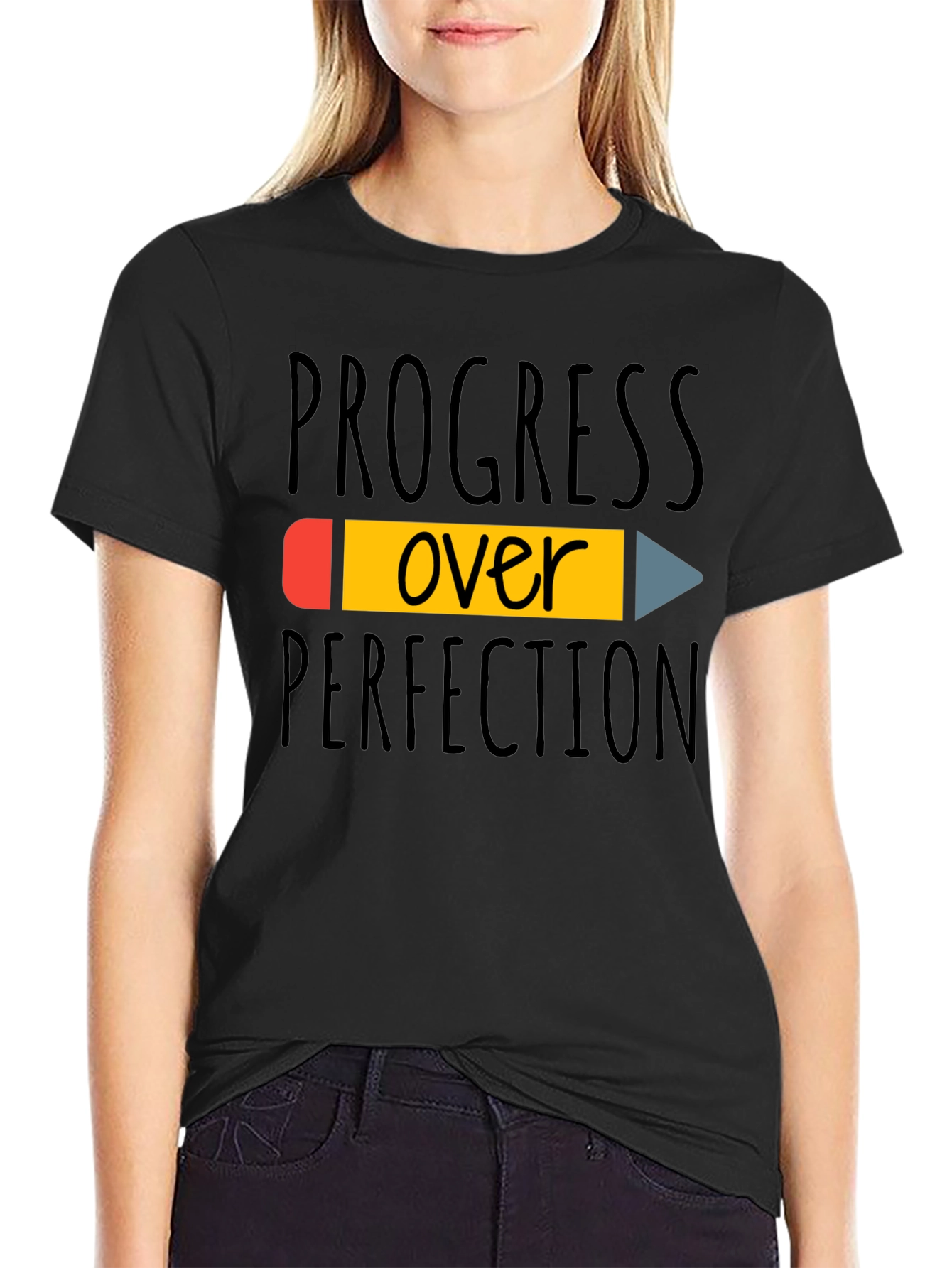 Black Progress Over Perfection T-Shirt - Inspiring Black Tee view 2