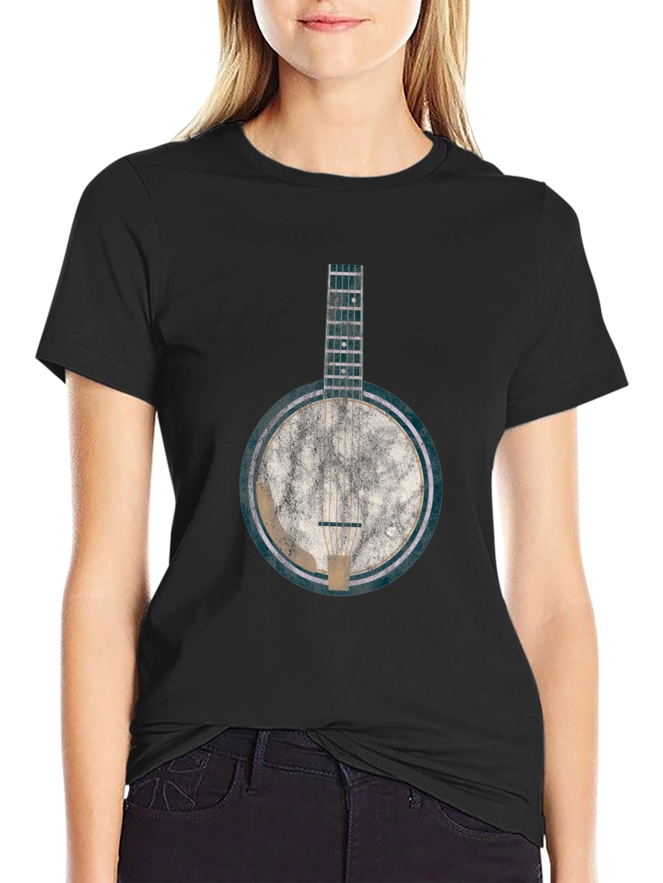 Black Vintage Banjo Graphic Tee - Black Cotton Blend T-Shirt view 2