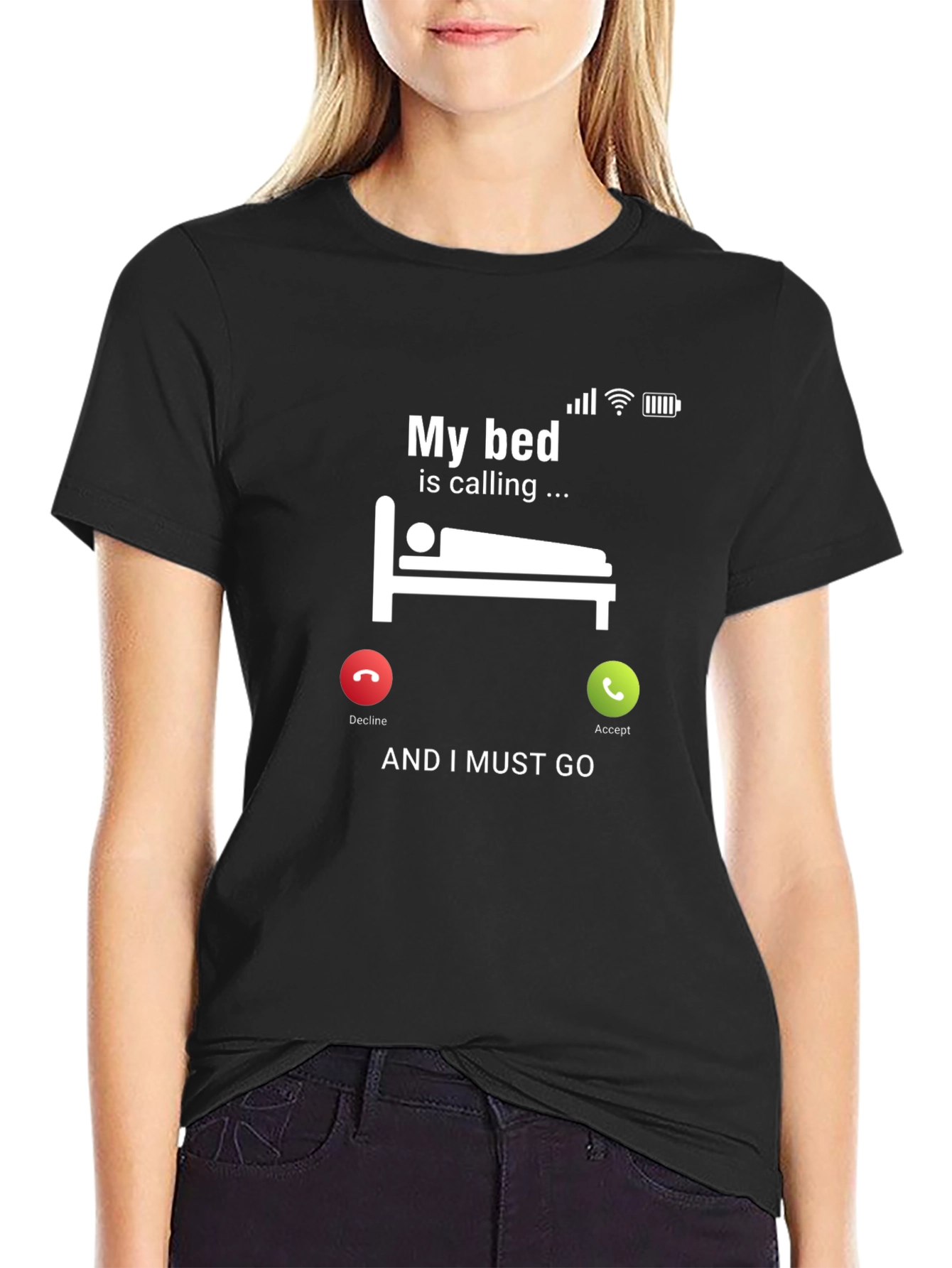 Black Funny "My Bed is Calling" Graphic T-Shirt view 2