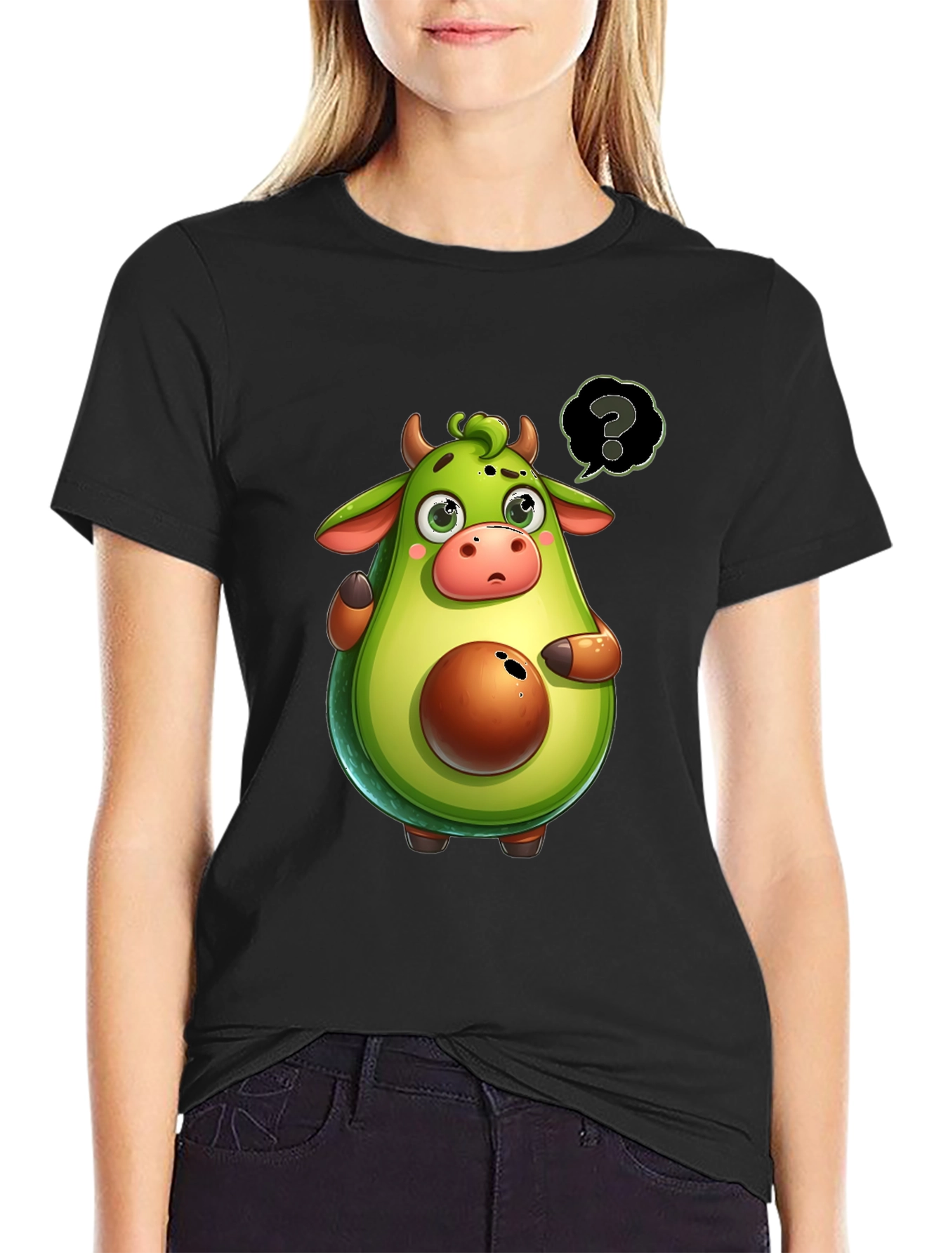 Black Avocado Cow Cartoon T-Shirt - Unique & Funny! view 2