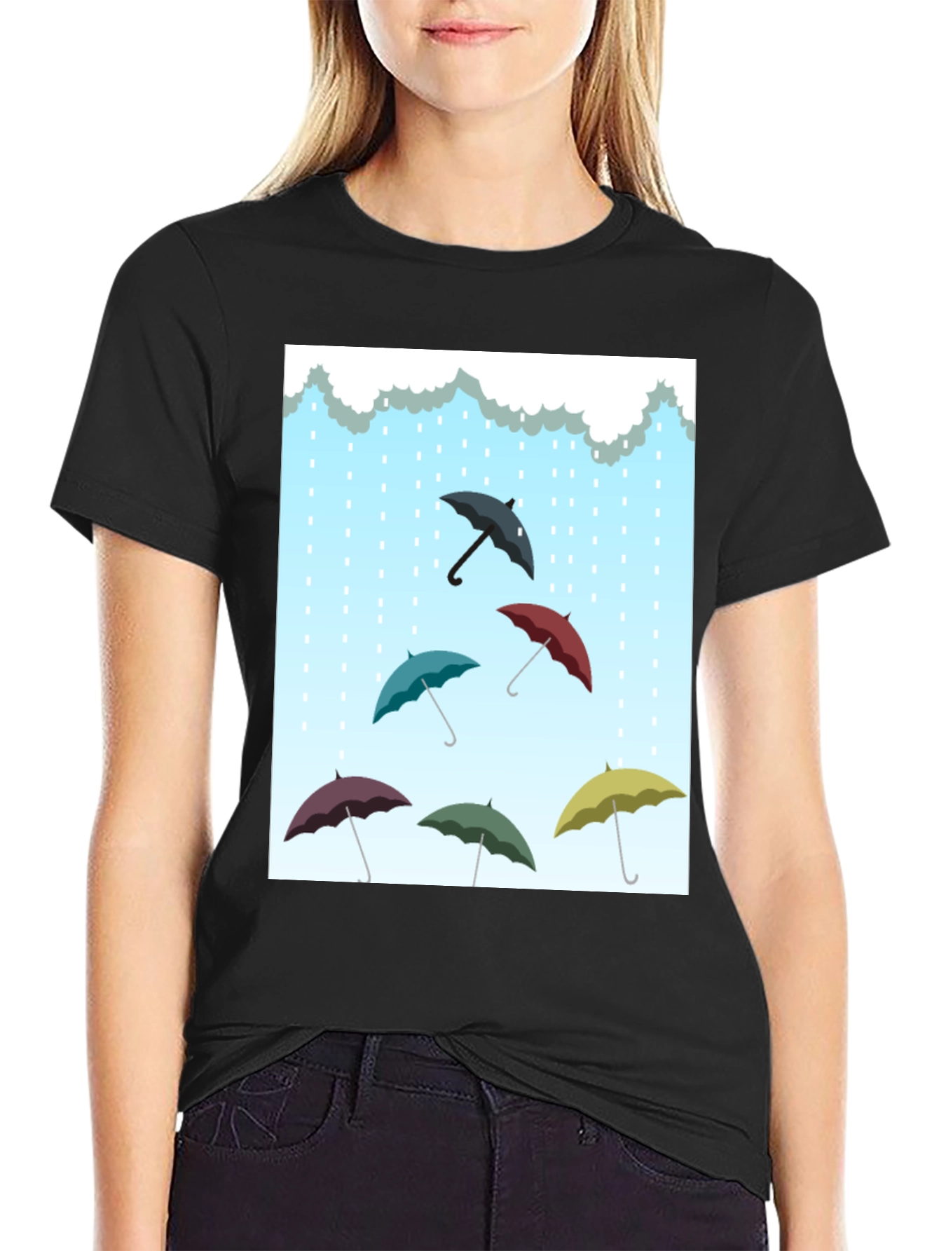 Black Umbrella Rain T-Shirt, Stylish Weather Tee view 2