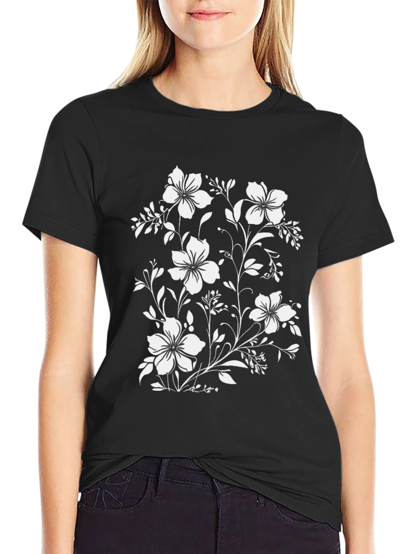 Black Floral Print Black T-Shirt view 2