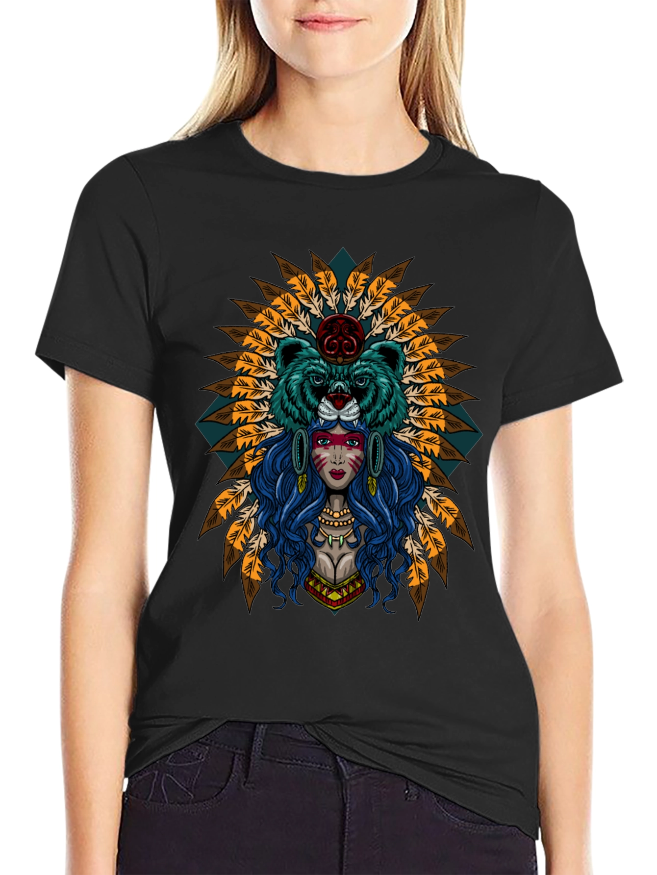 Black Native American Bear Spirit T-Shirt view 2