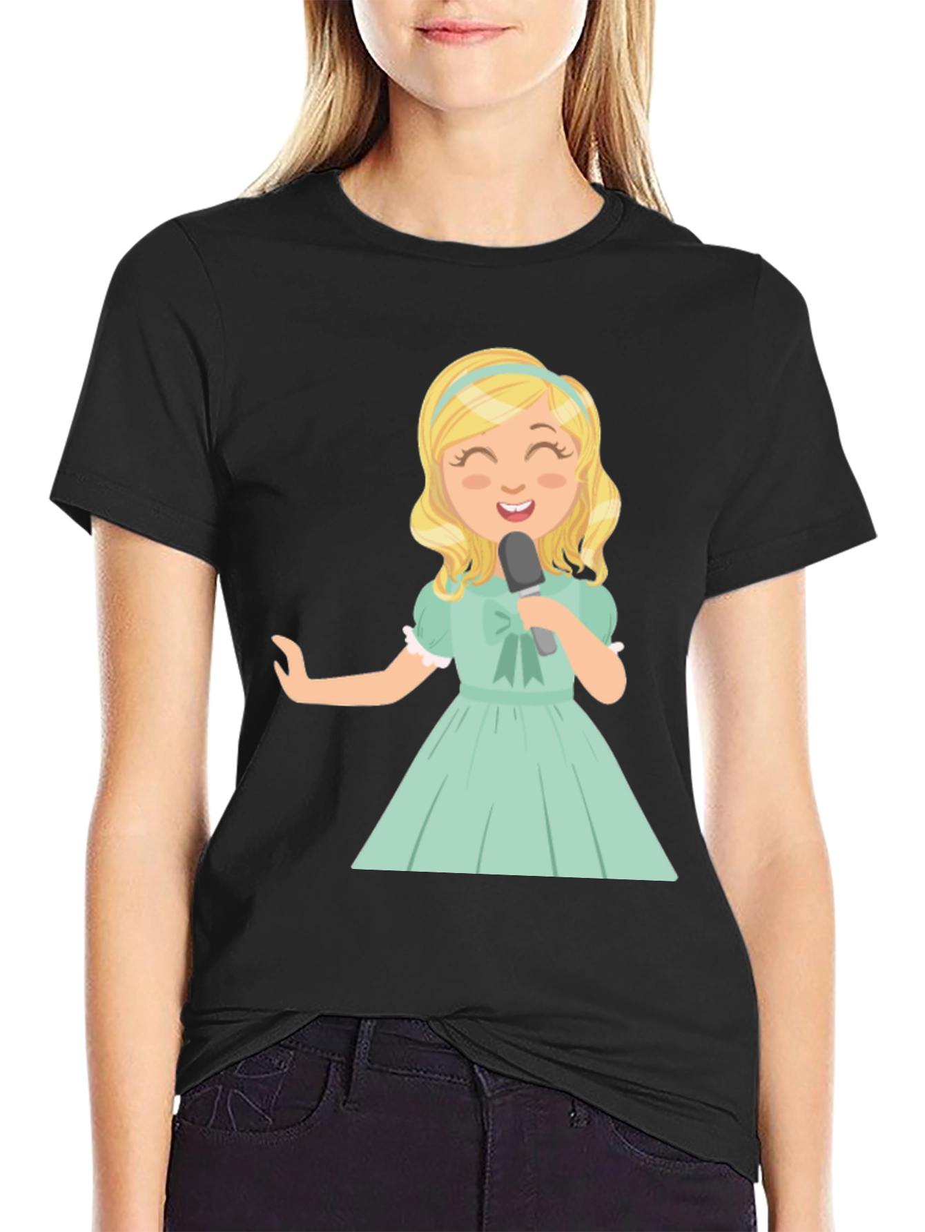 Black Singer Girl Graphic T-Shirt, Black Cotton Tee view 2