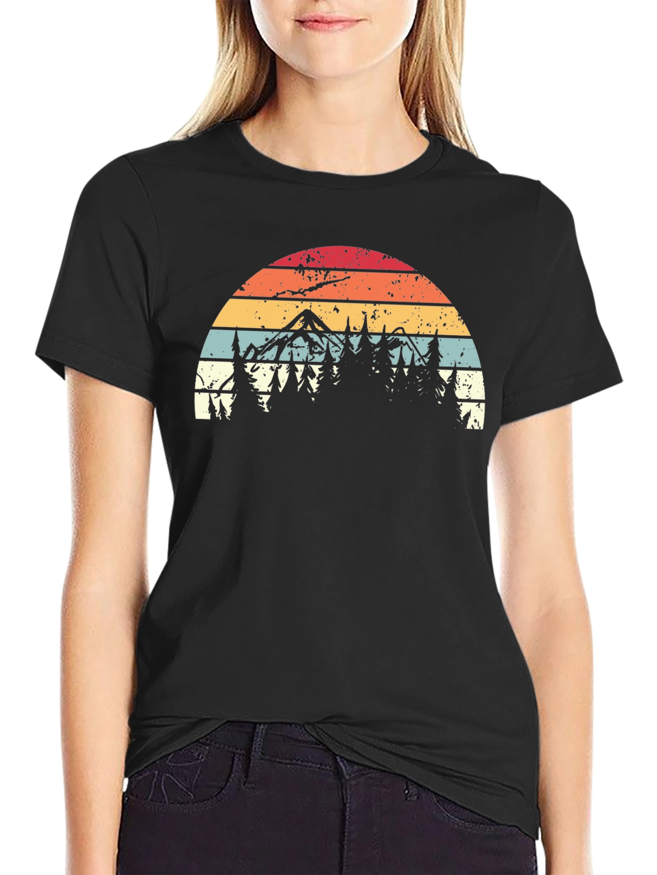 Black Retro Mountain Forest T-Shirt view 2