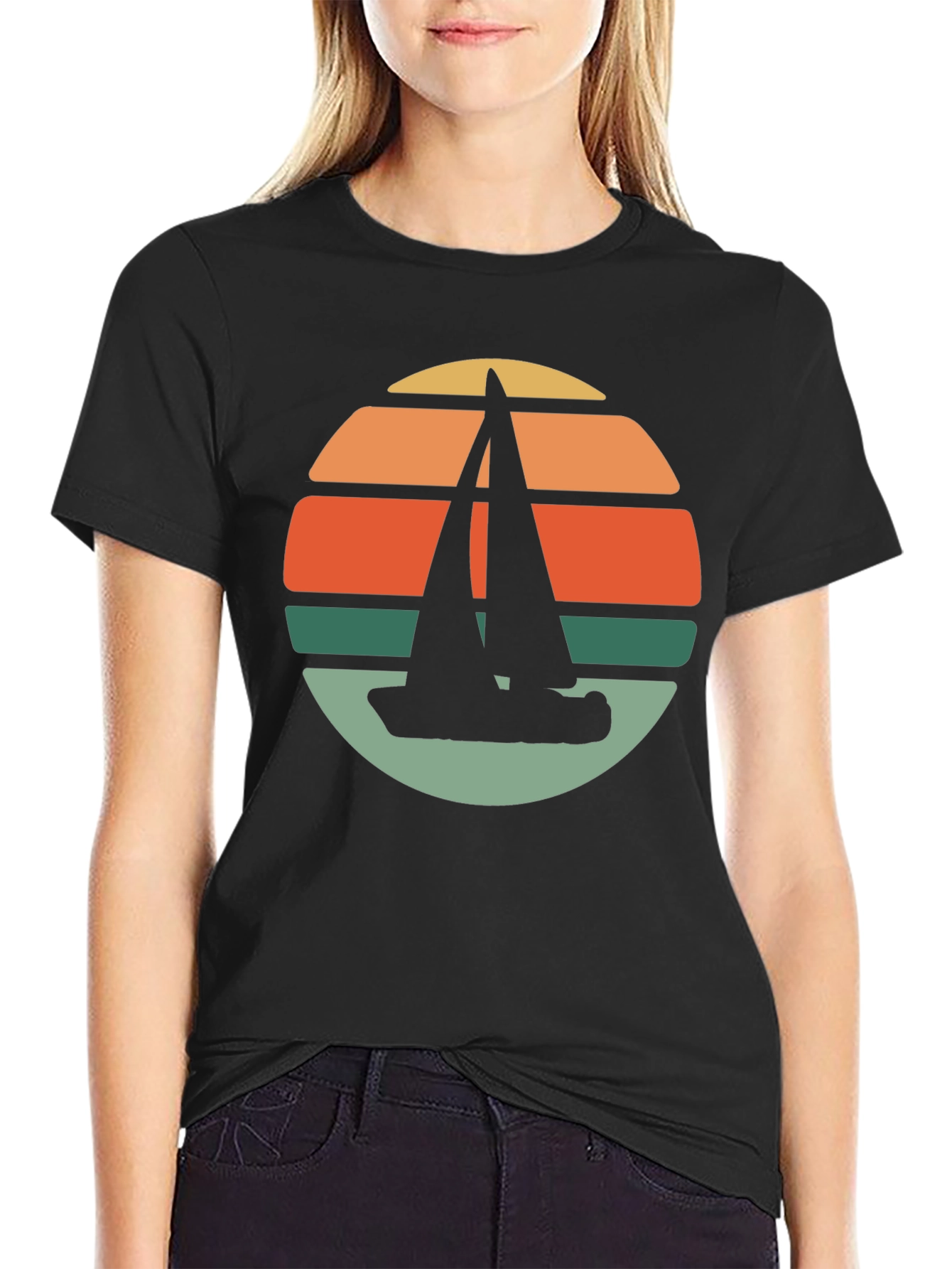 Black Retro Sunset Sailboat T-Shirt - Black view 2