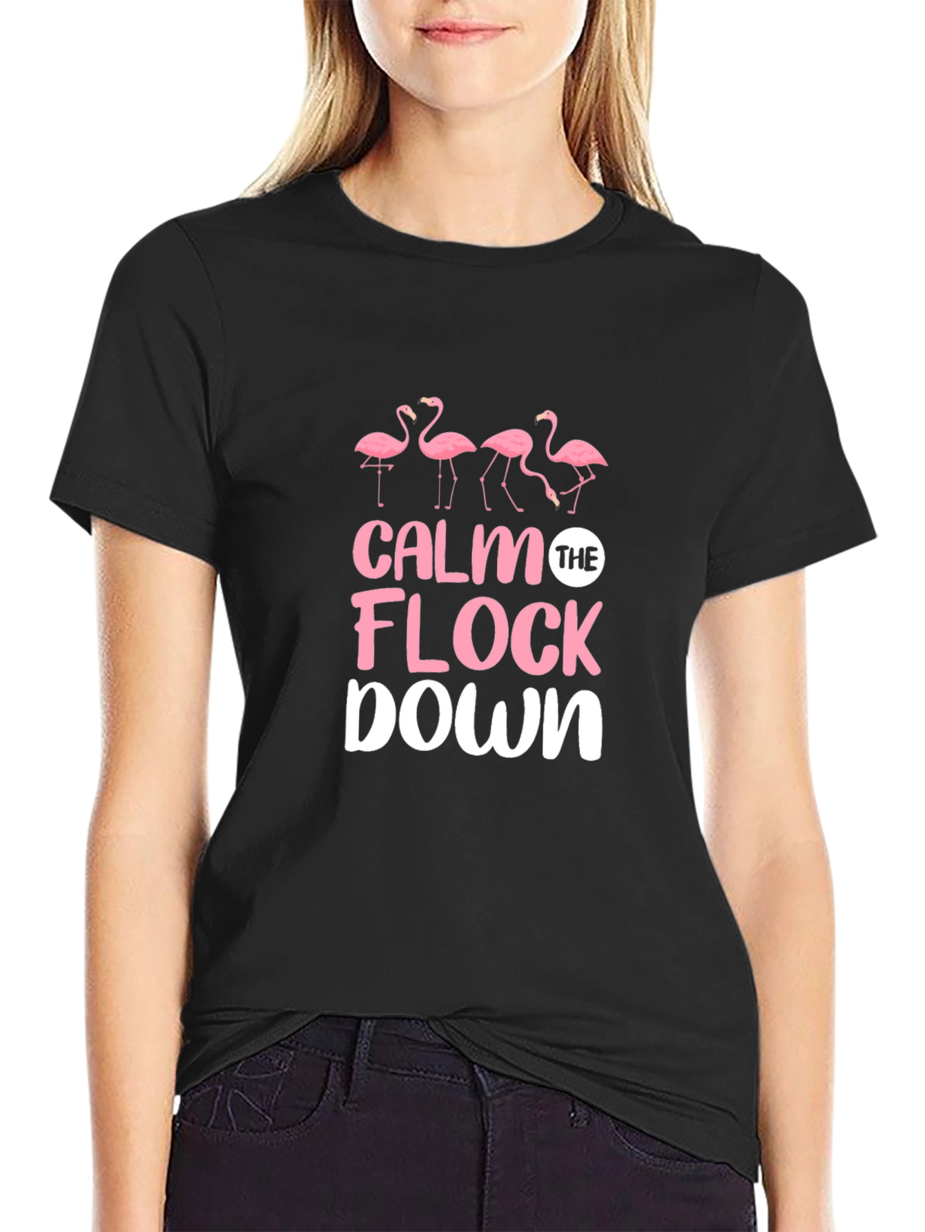 Black Calm The Flock Down Flamingo Graphic Tee view 2
