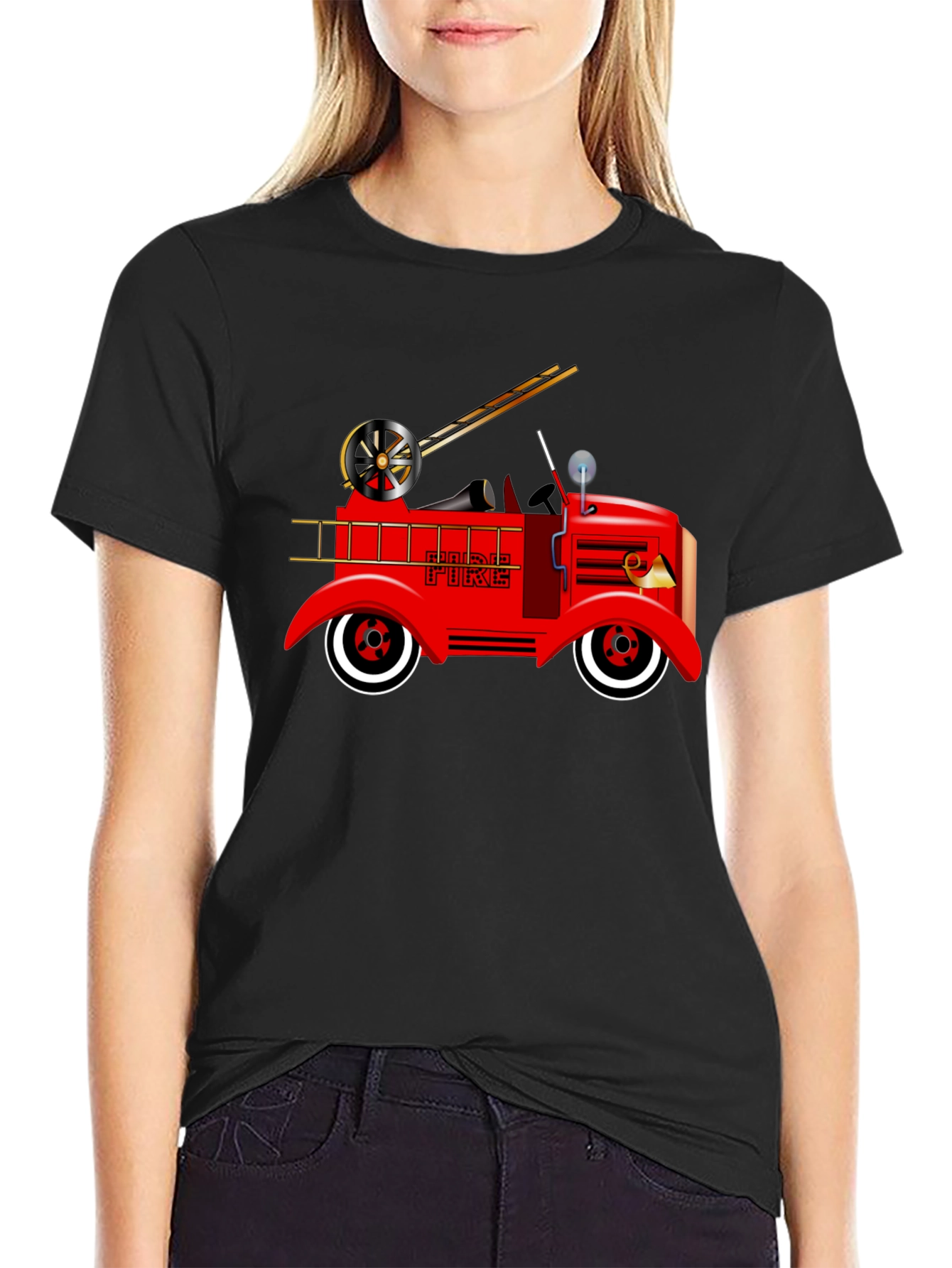 Black Vintage Fire Truck Graphic T-Shirt view 2