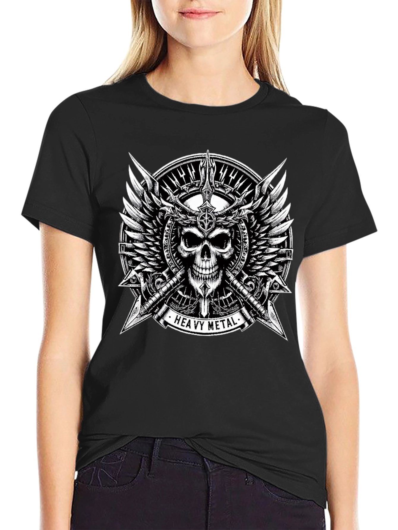 Black Heavy Metal Skull & Wings Black T-Shirt view 2