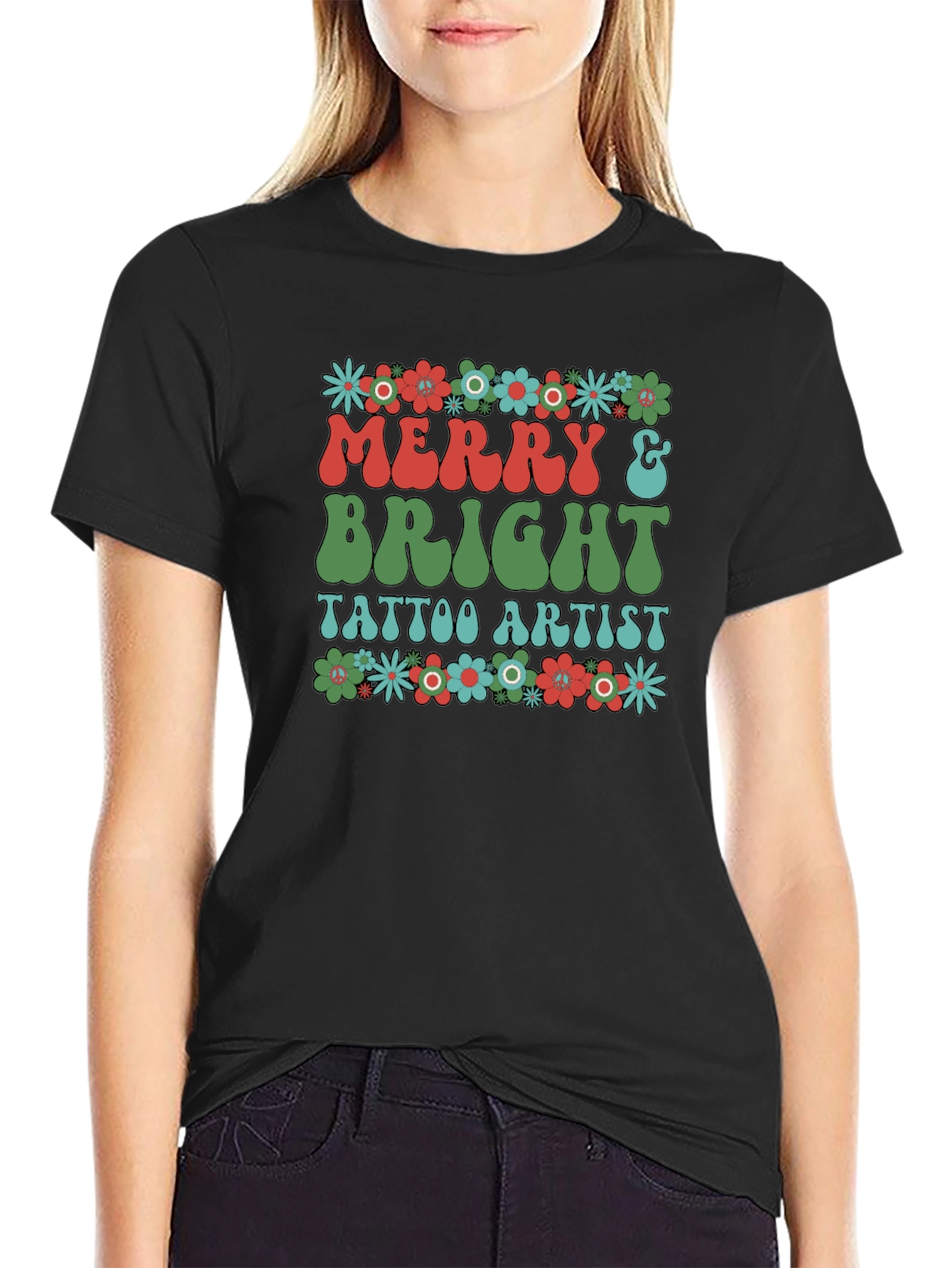 Black Merry & Bright Tattoo Artist Graphic T-Shirt view 2