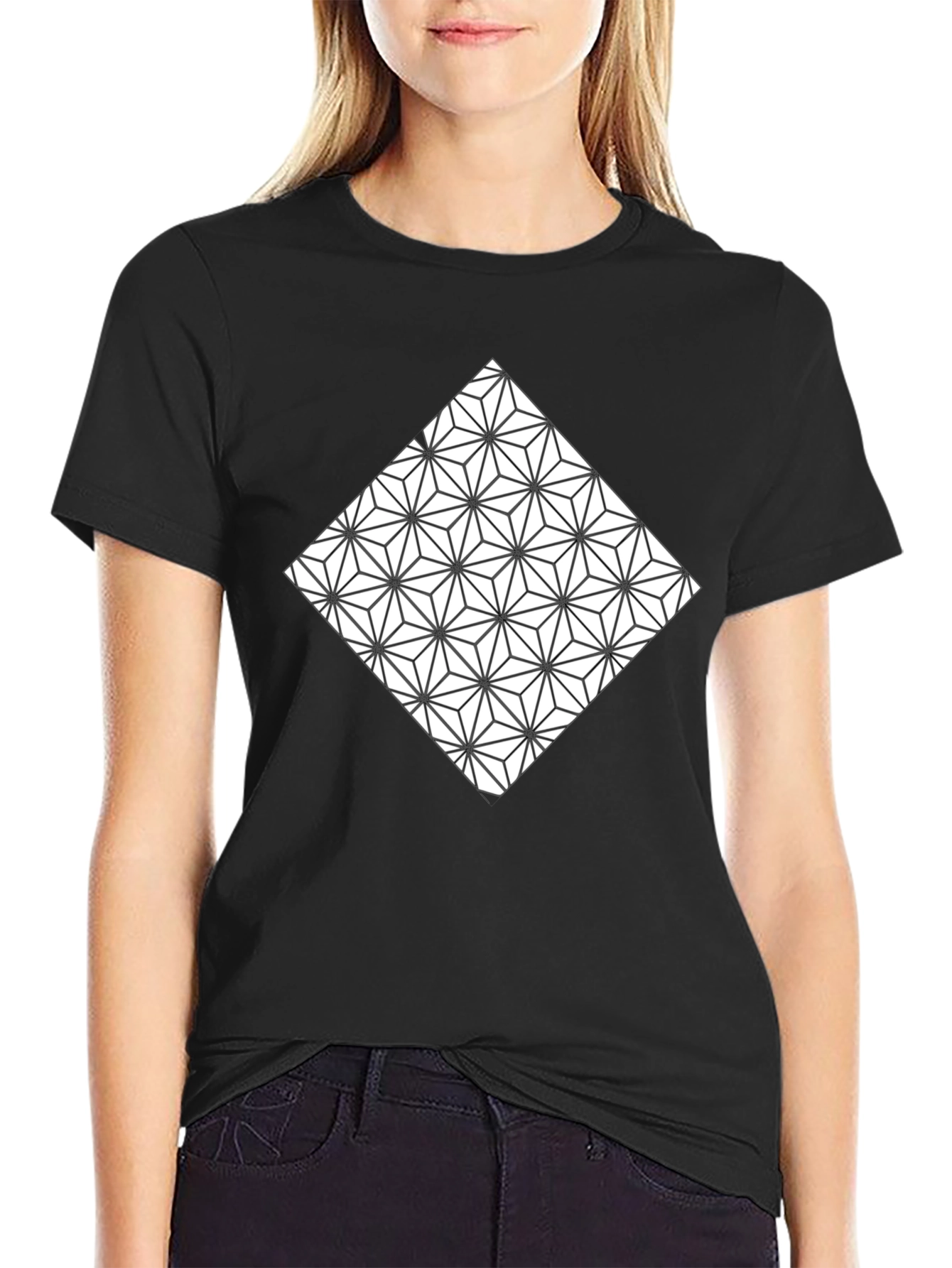 Black Geometric Triangle Pattern Black T-Shirt view 2