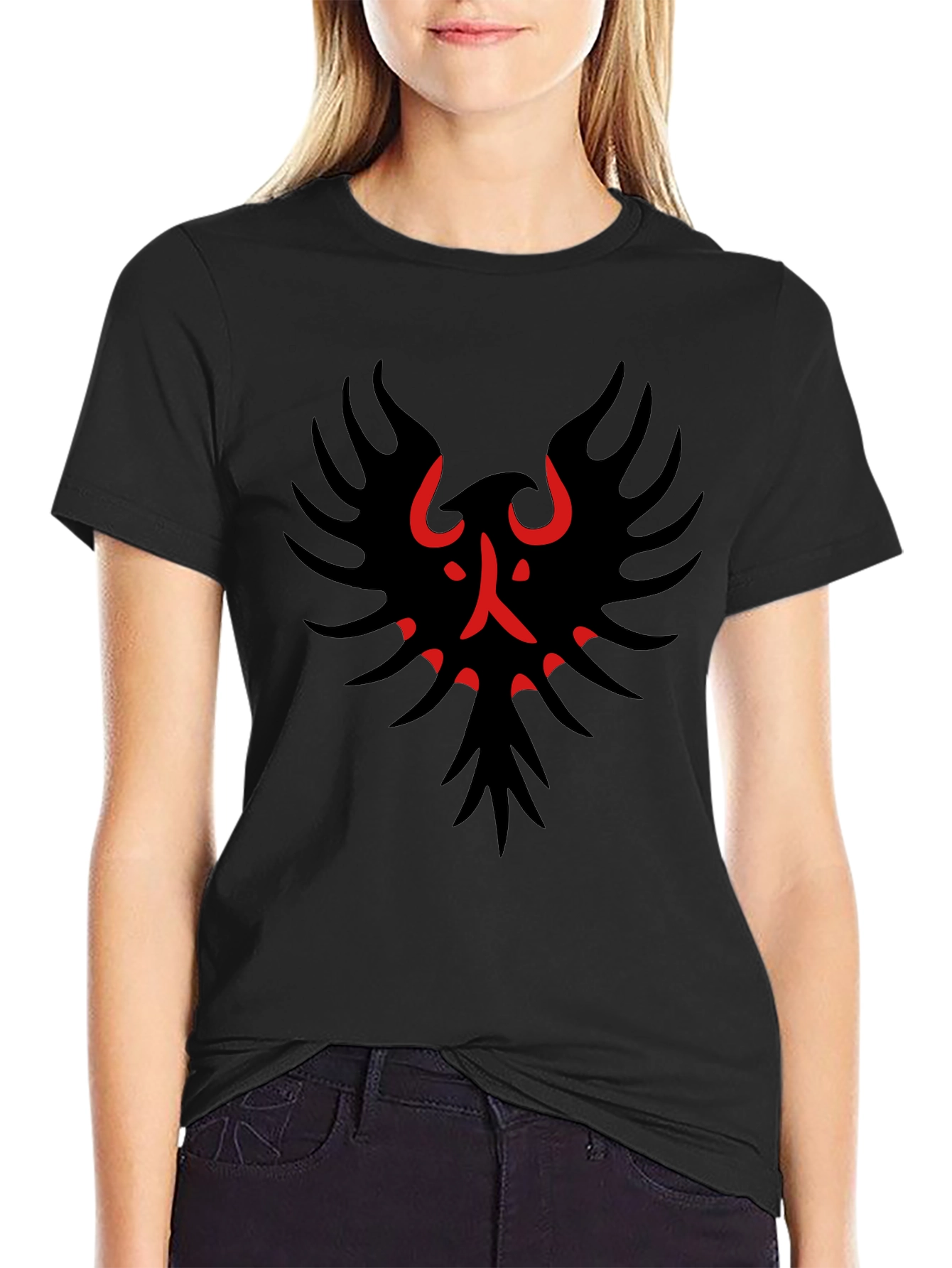 Black Black T-Shirt with Red & Black Bird Graphic view 2