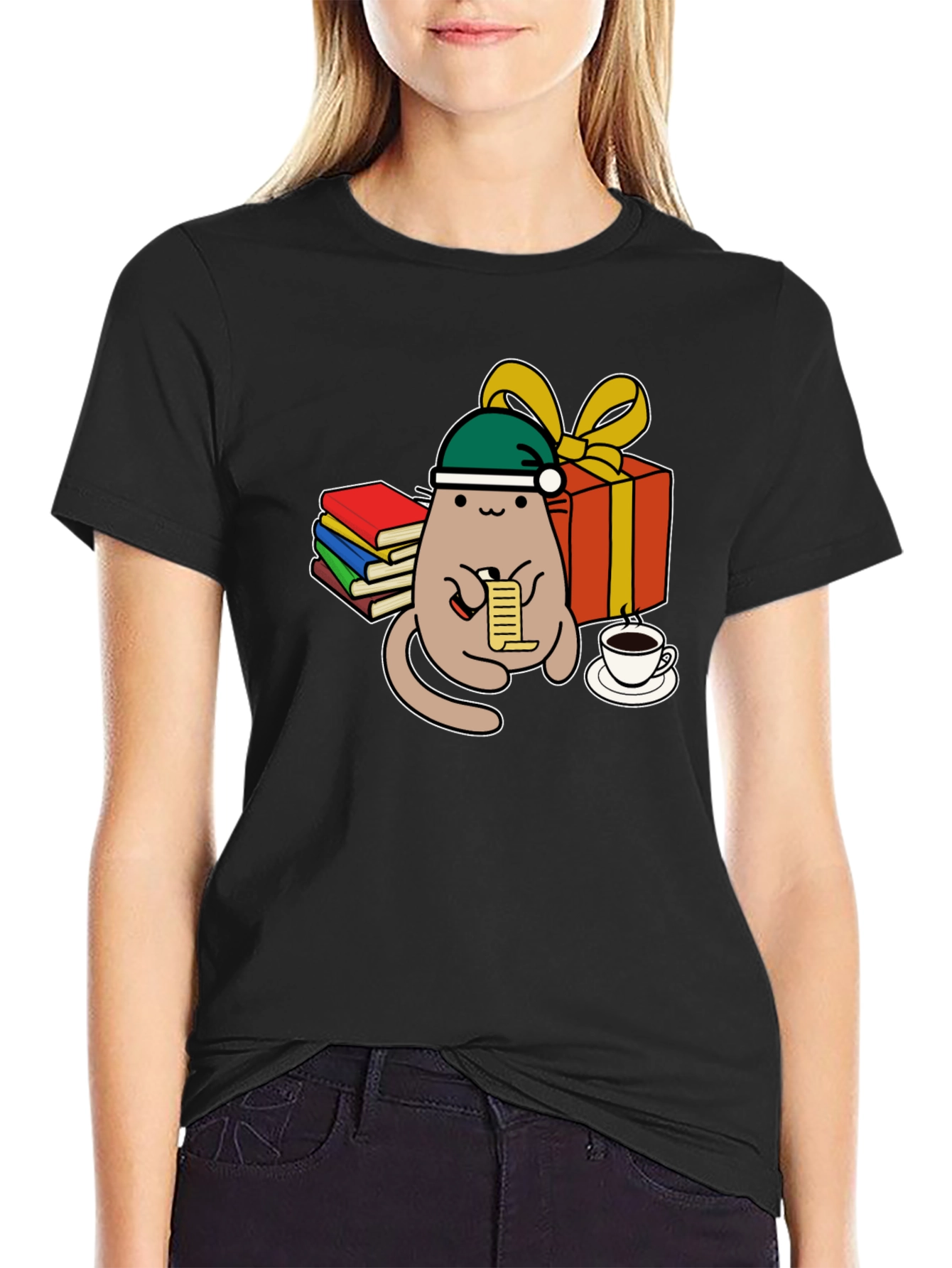 Black Festive Cat Reading Christmas List T-Shirt view 2