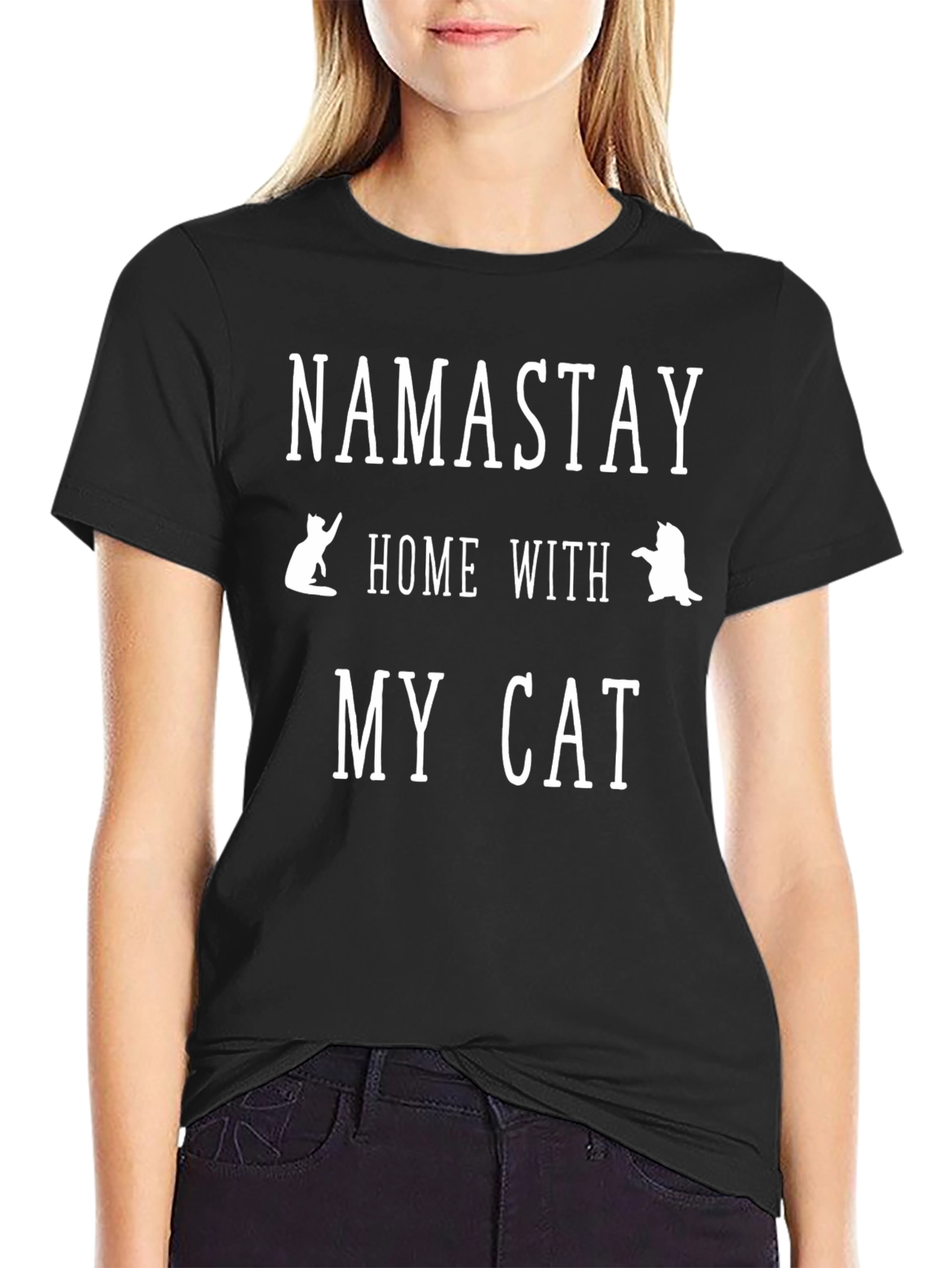 Black Namastay Home With My Cat T-Shirt view 2