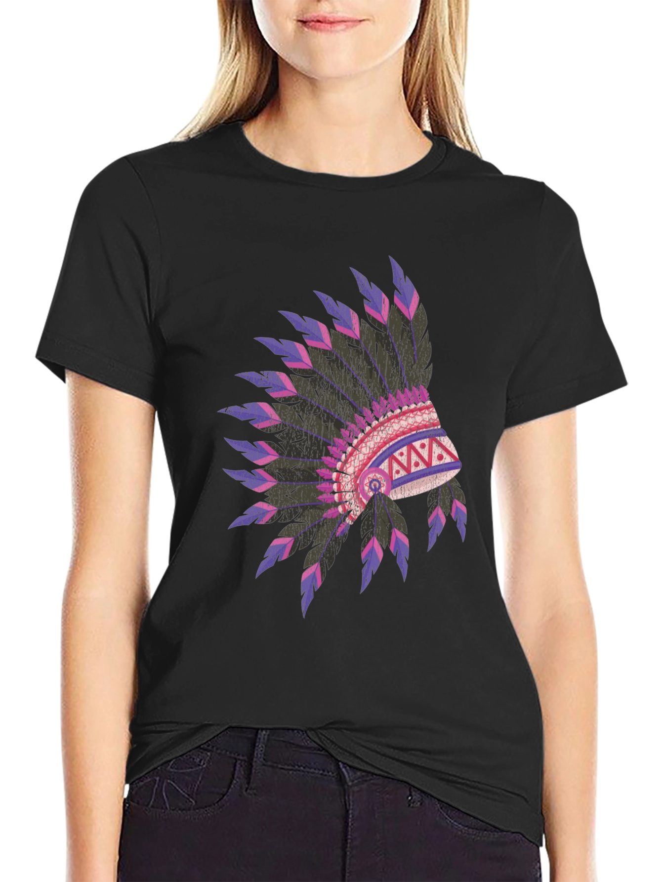 Black Native American Headdress Graphic Black T-Shirt view 2