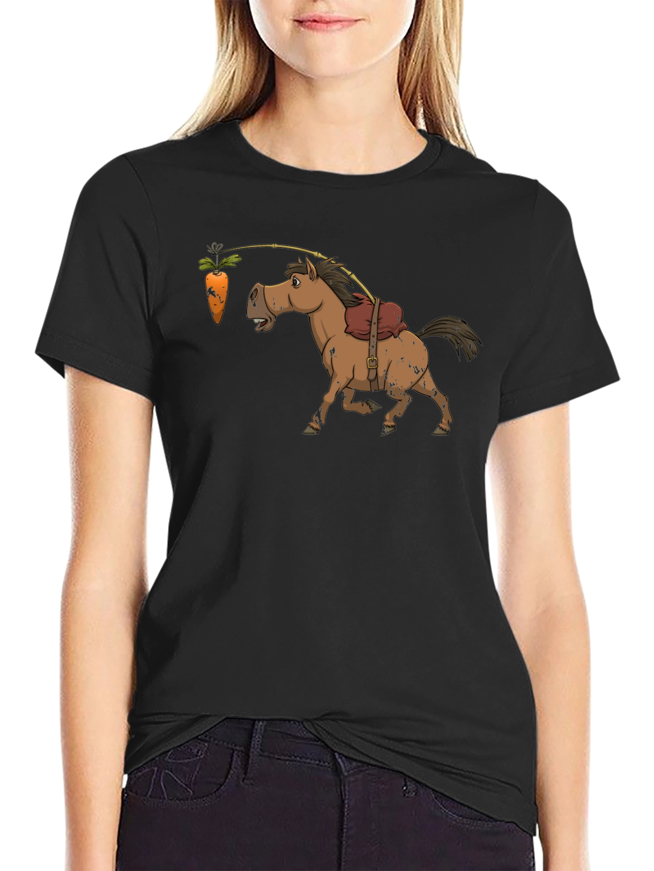 Black Funny Carrot & Horse Graphic T-Shirt view 2