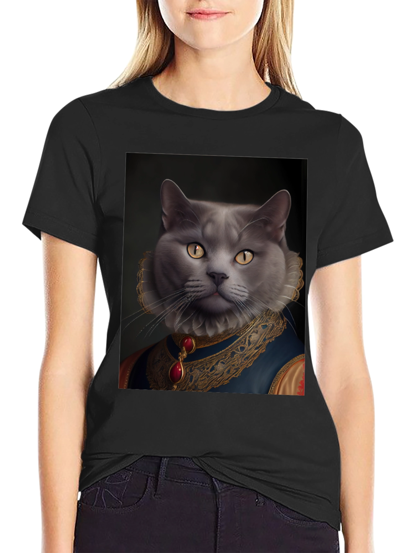 Black Royal Cat Portrait T-Shirt - Unique Novelty Tee view 2