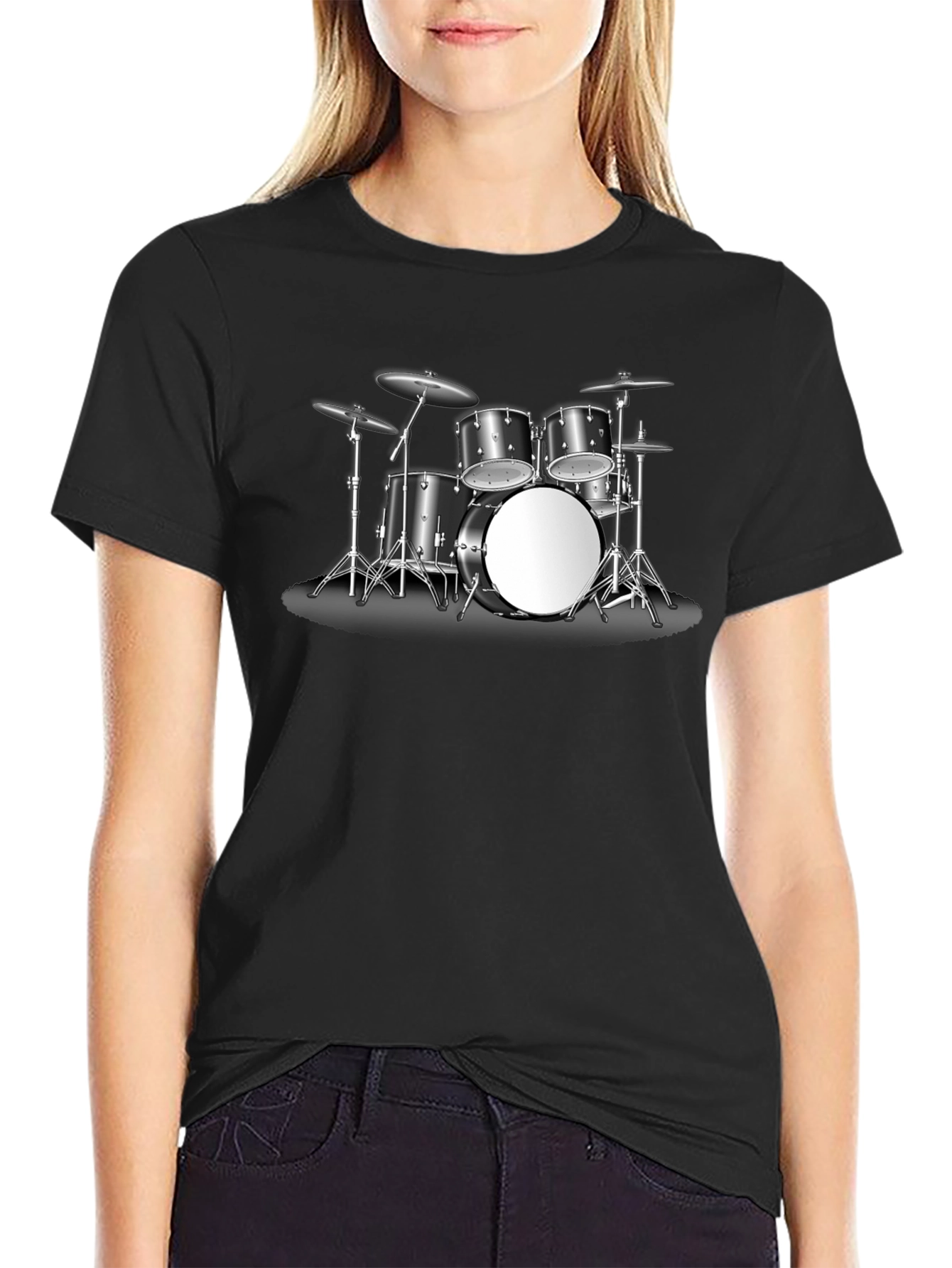 Black Drum Kit Graphic Tee - Music Lover's Black T-Shirt view 2