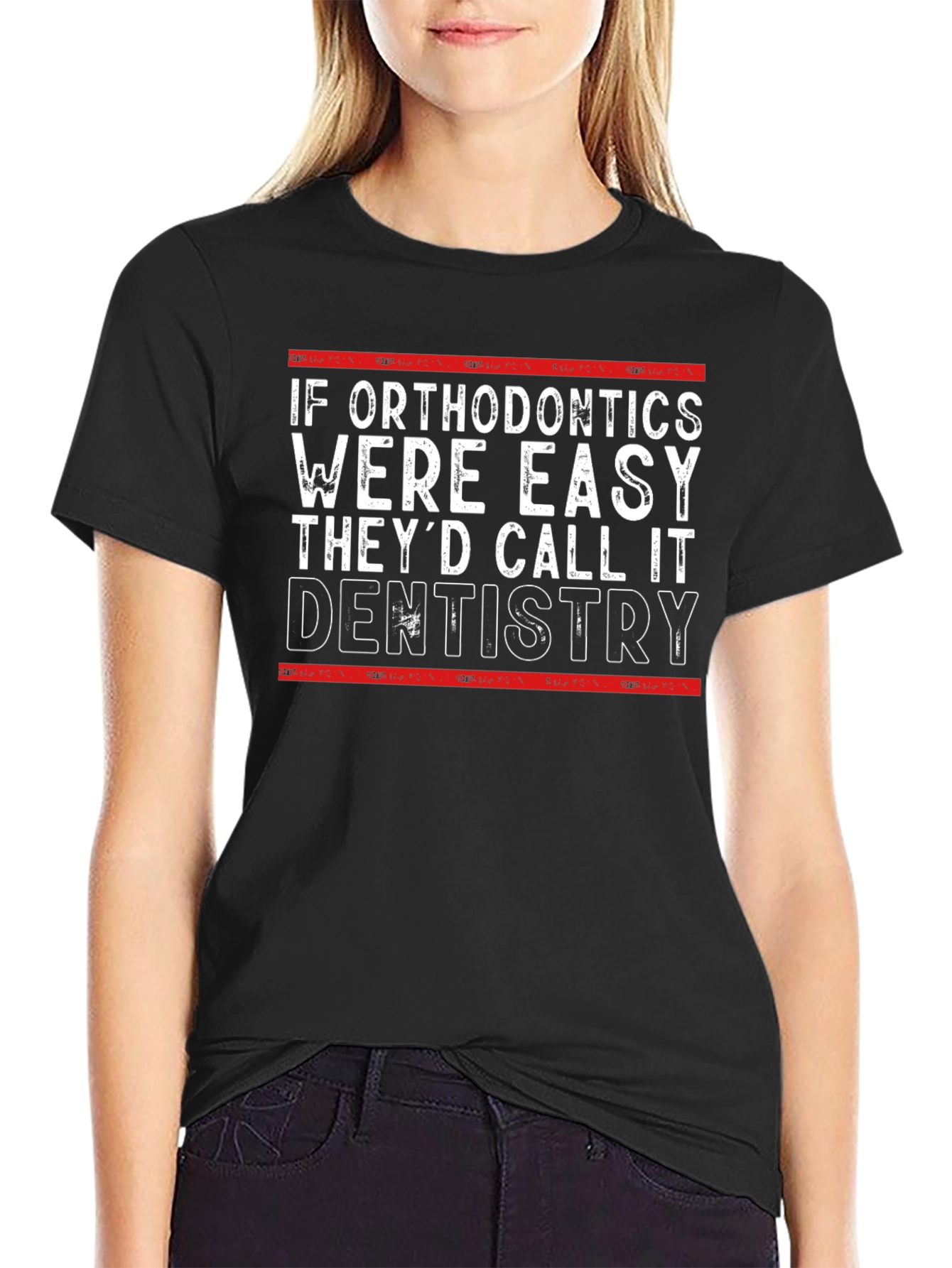 Black Orthodontics vs Dentistry Funny T-Shirt view 2