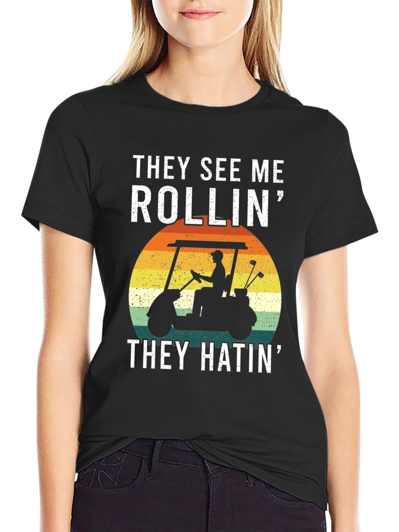 Black They See Me Rollin' T-Shirt: Golf Cart Design view 2