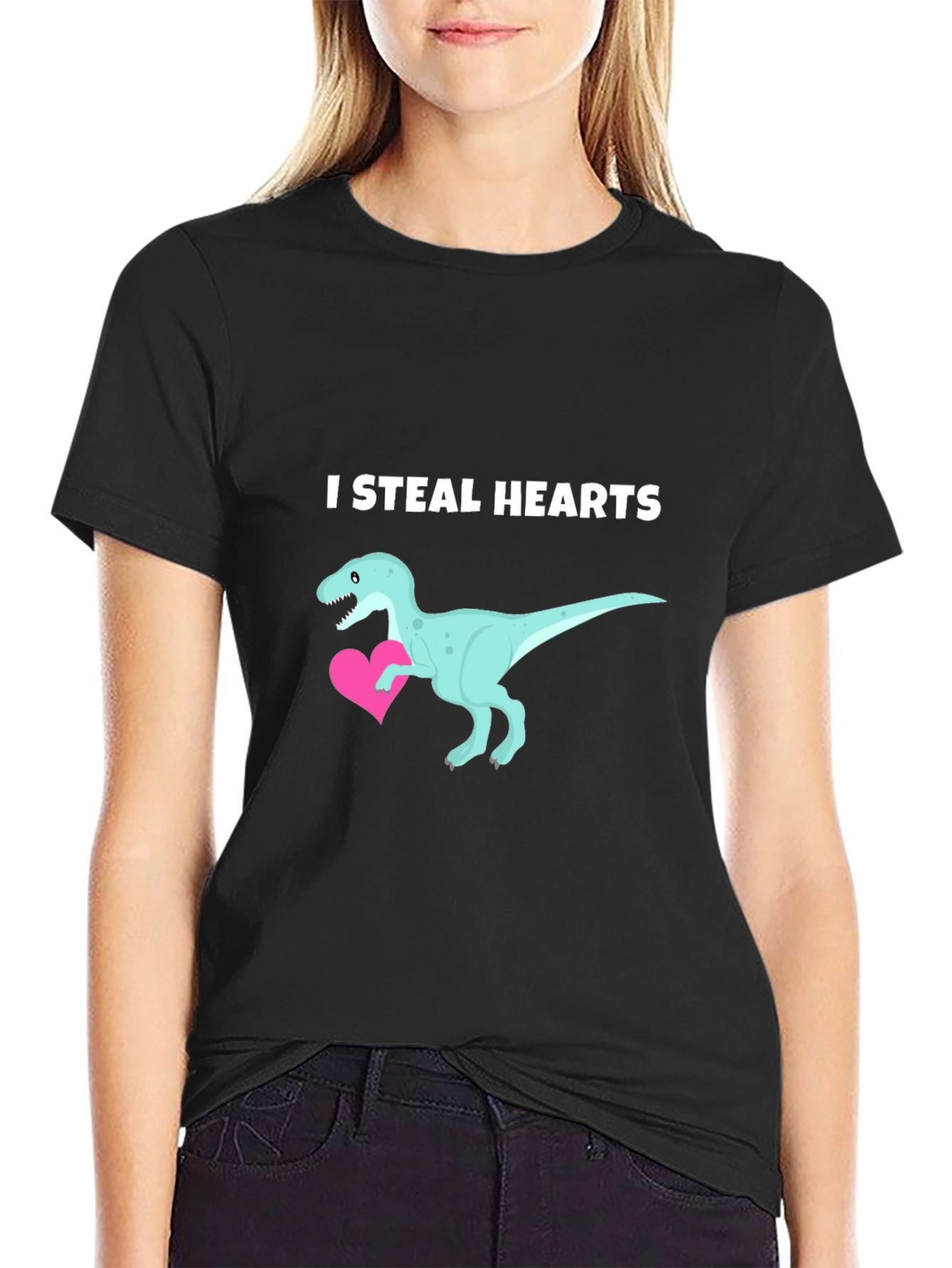 Black I Steal Hearts Dinosaur Valentine's Day T-Shirt view 2