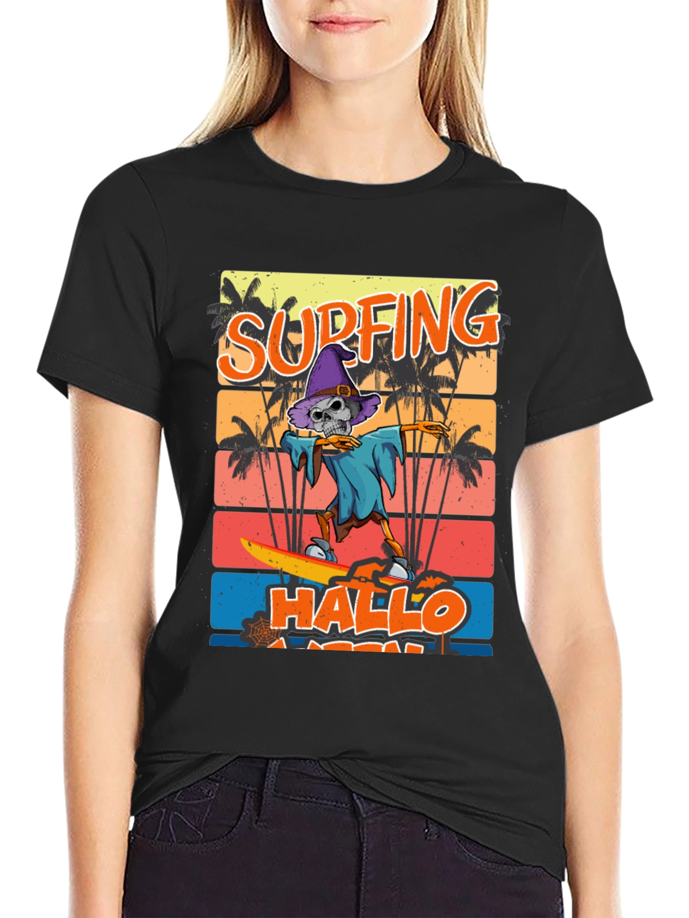 Black Surfing Hallo-ween Skeleton T-Shirt view 2