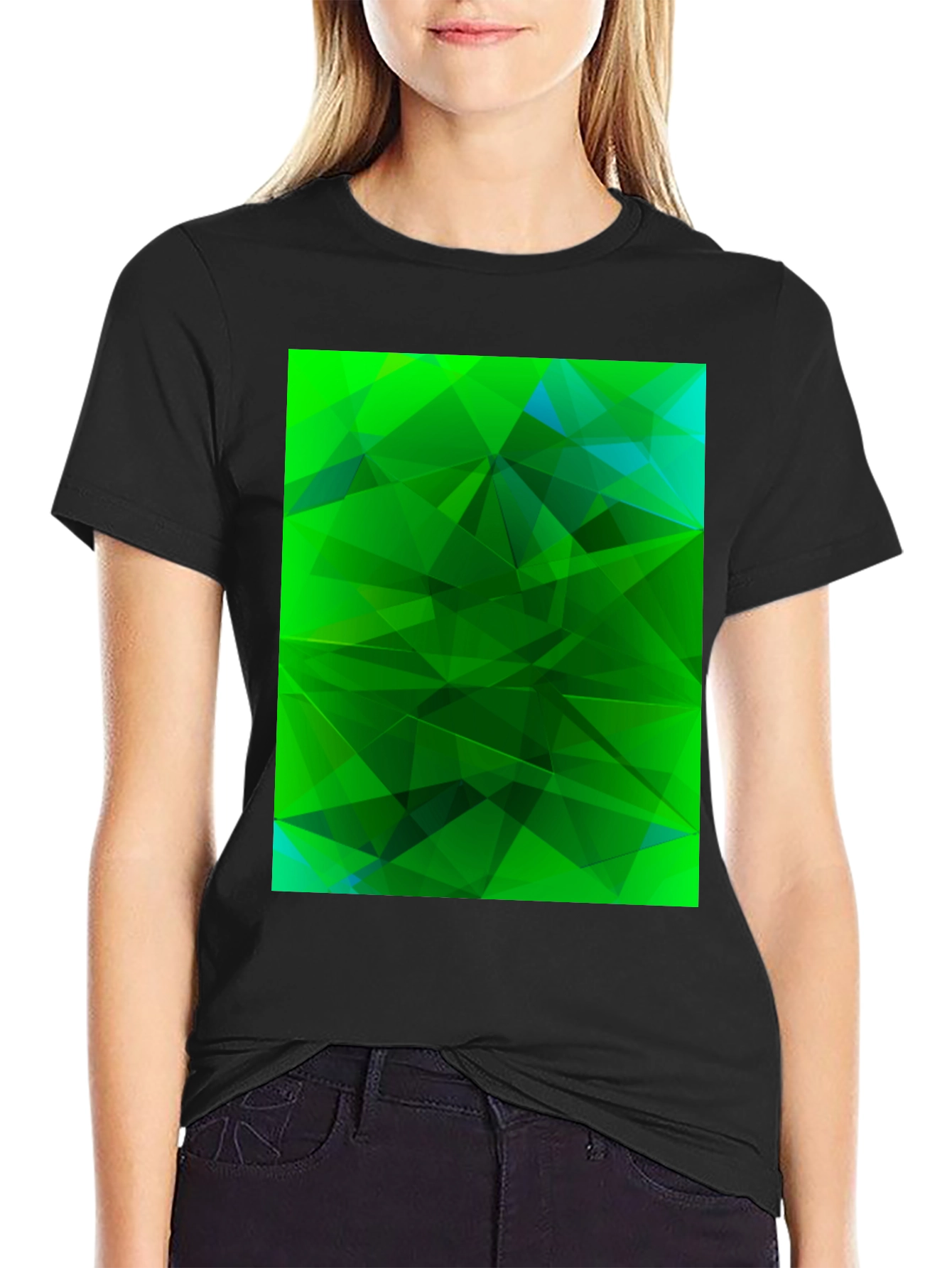 Black Abstract Geometric Green T-Shirt view 2
