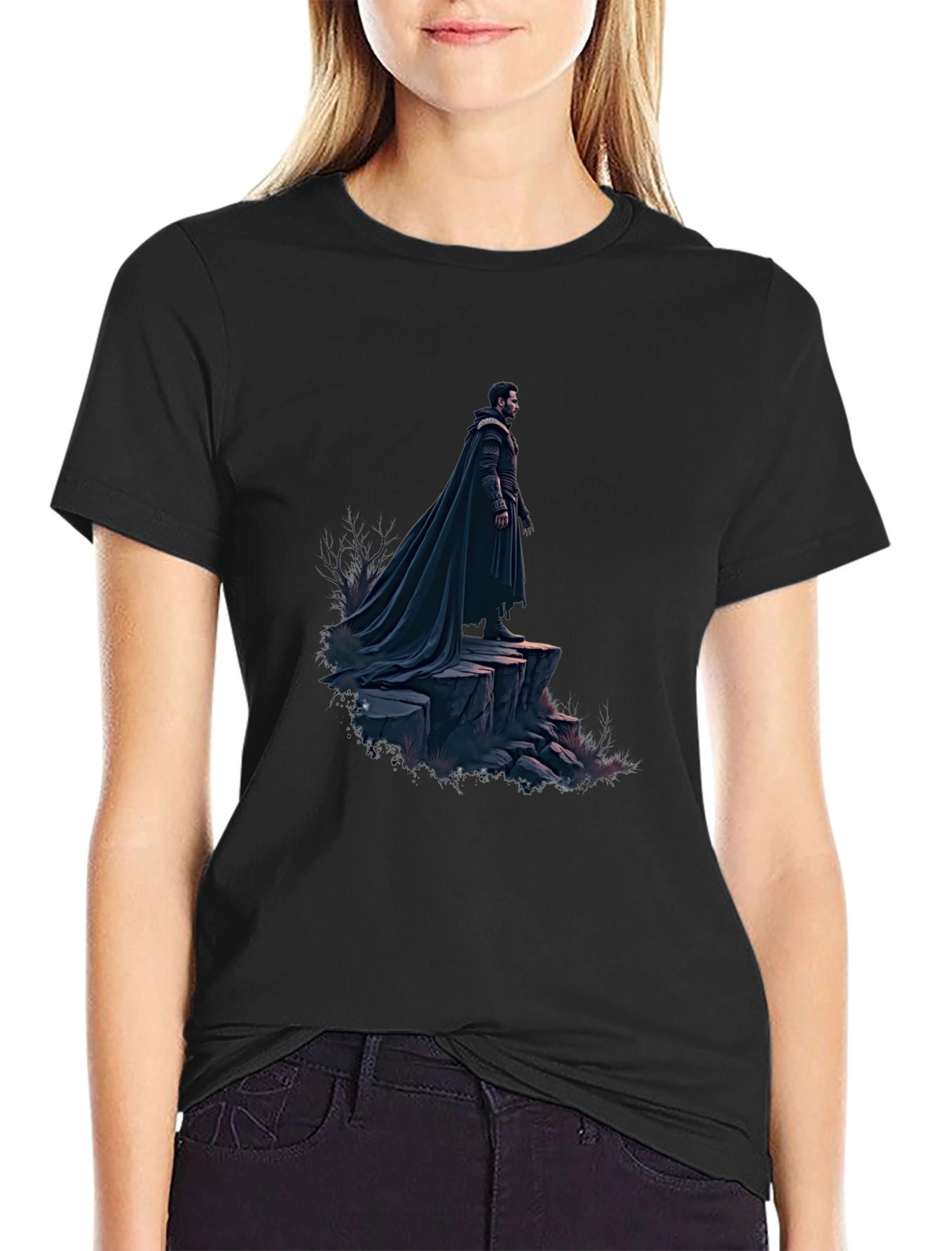 Black Black T-Shirt with Dramatic Cloaked Figure Graphic view 2