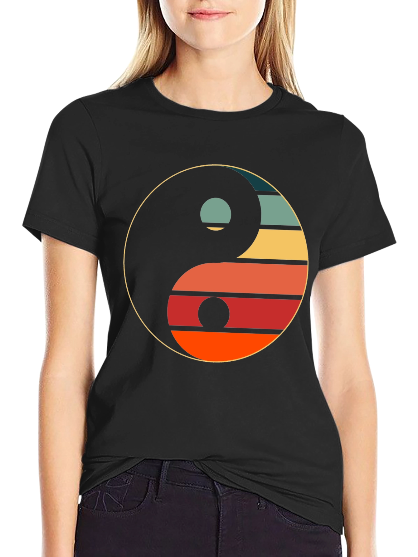 Black Yin Yang Retro Graphic Tee - Unisex Black T-Shirt view 2