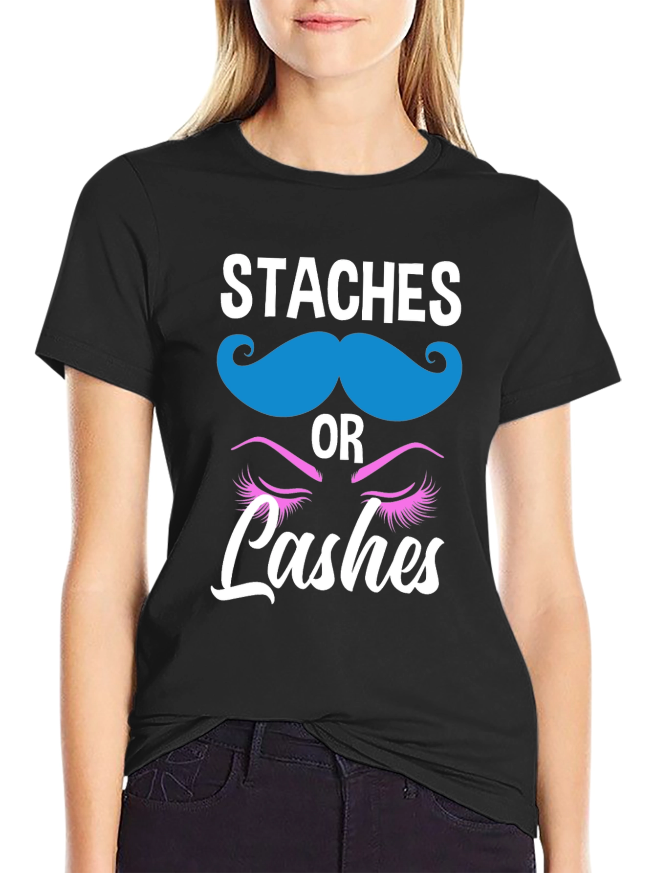 Black Staches or Lashes Gender Reveal T-Shirt view 2