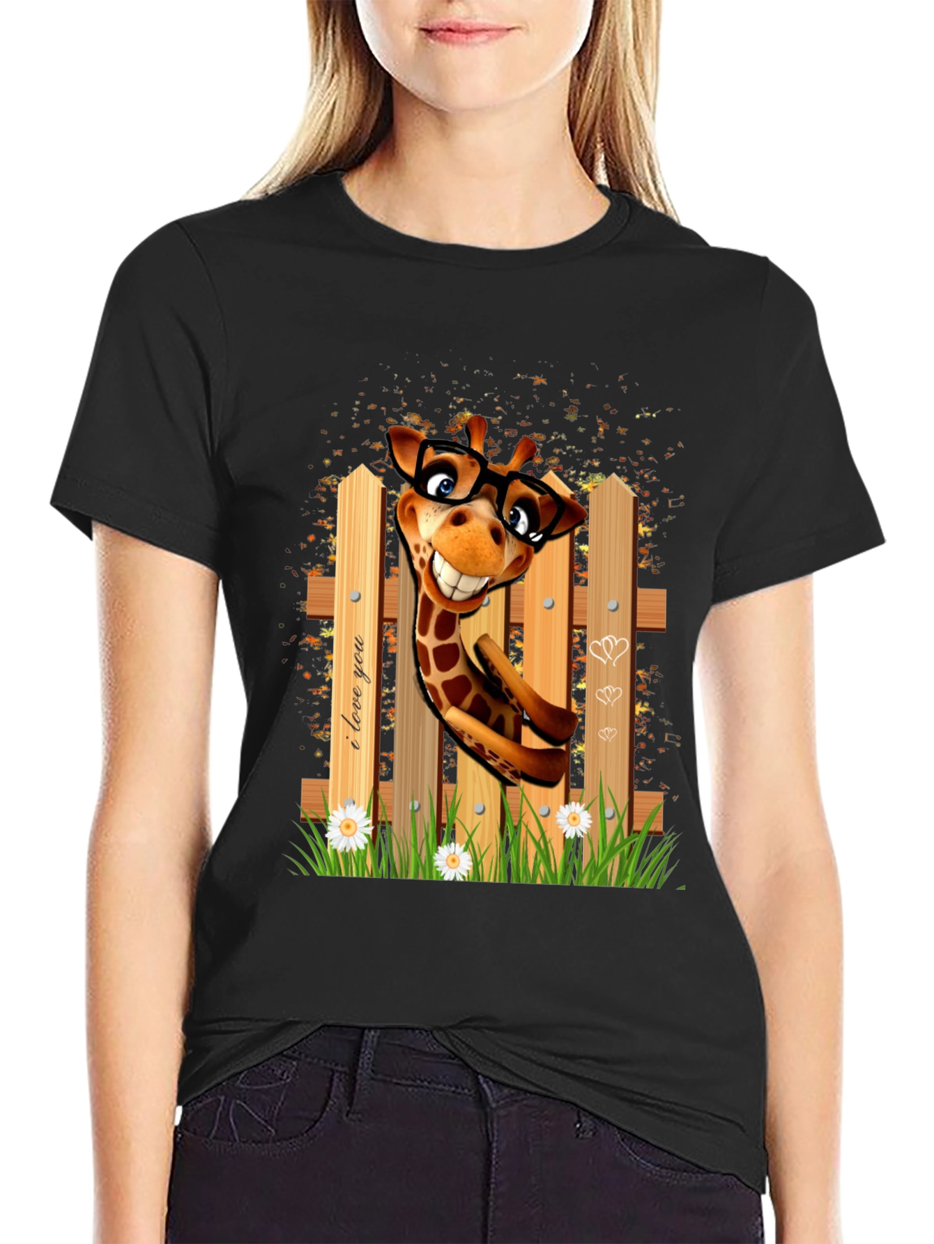 Black Funny Giraffe in Glasses T-Shirt view 2
