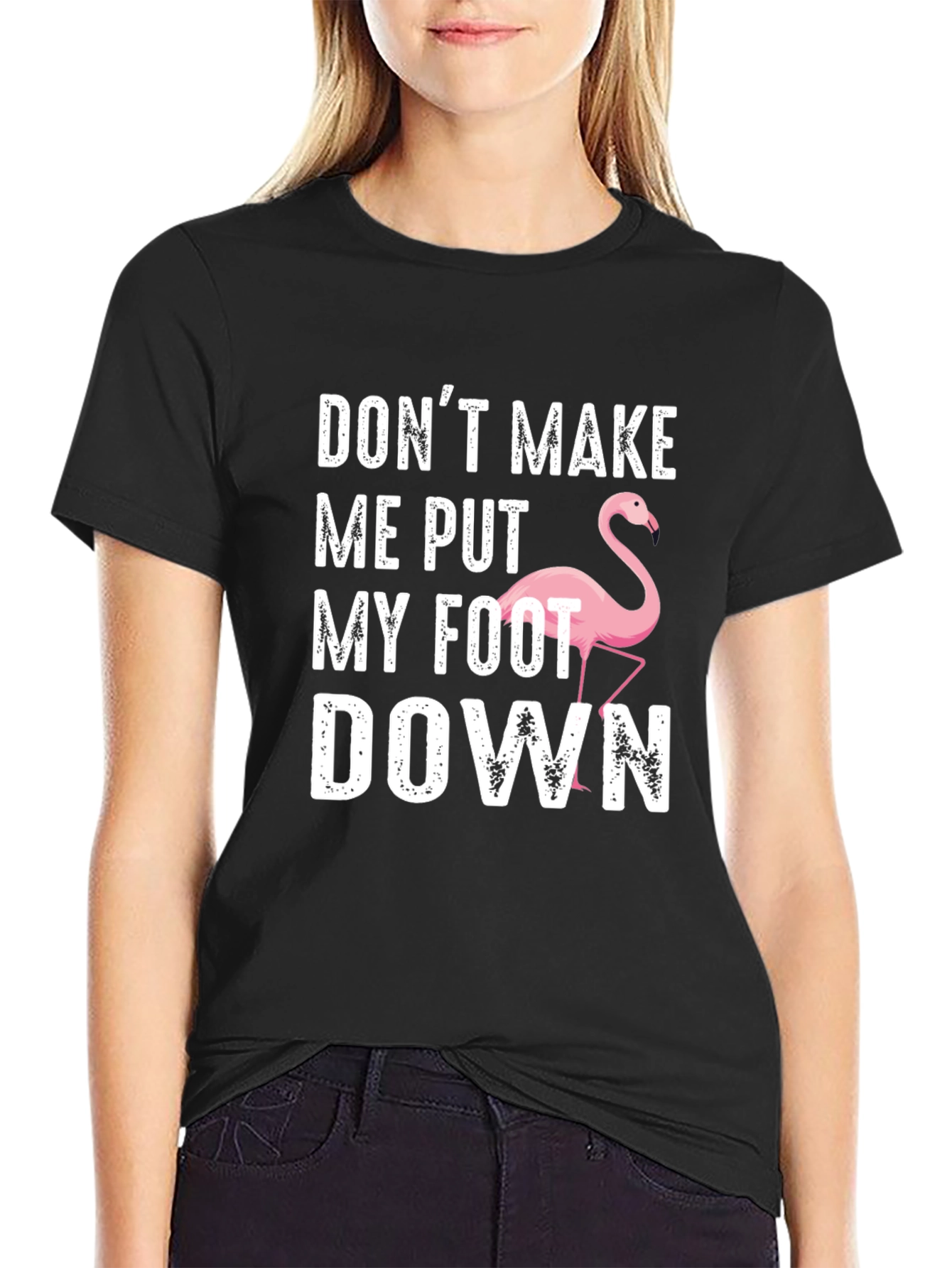 Black Funny Flamingo T-Shirt: Don't Make Me Put My Foot Down view 2