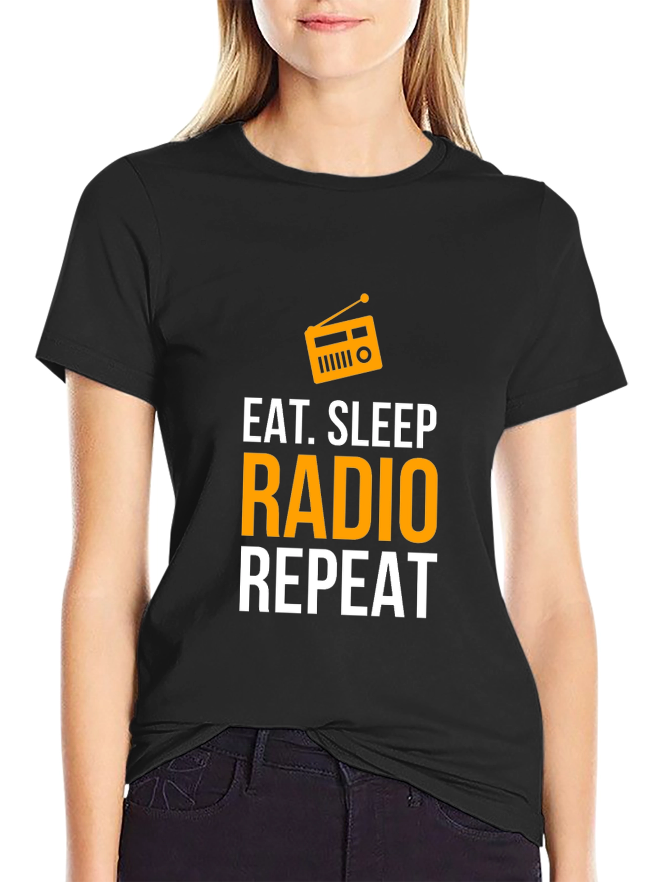 Black Eat Sleep Radio Repeat T-Shirt - Radio Lover Tee view 2