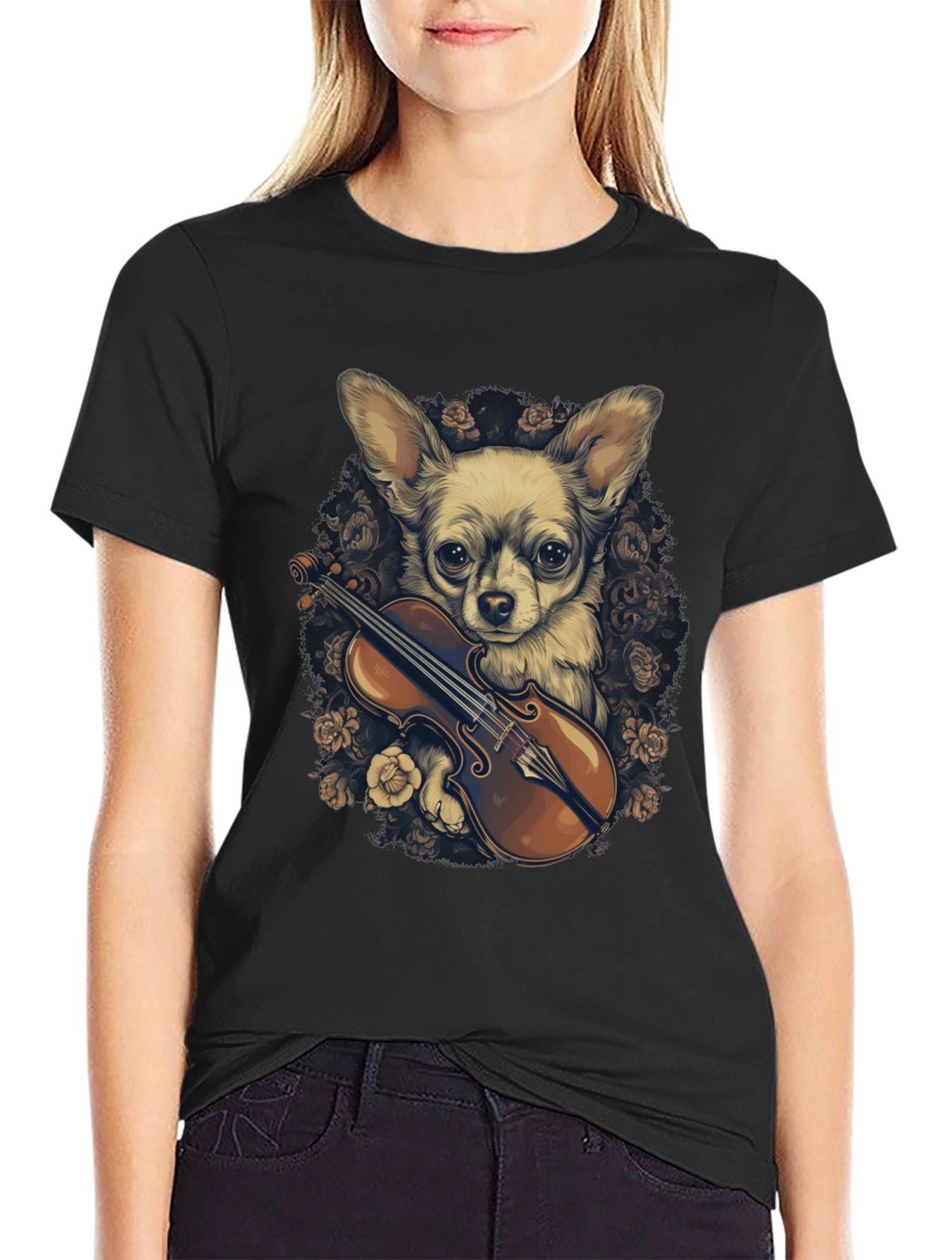 Black Chihuahua Violin T-Shirt view 2